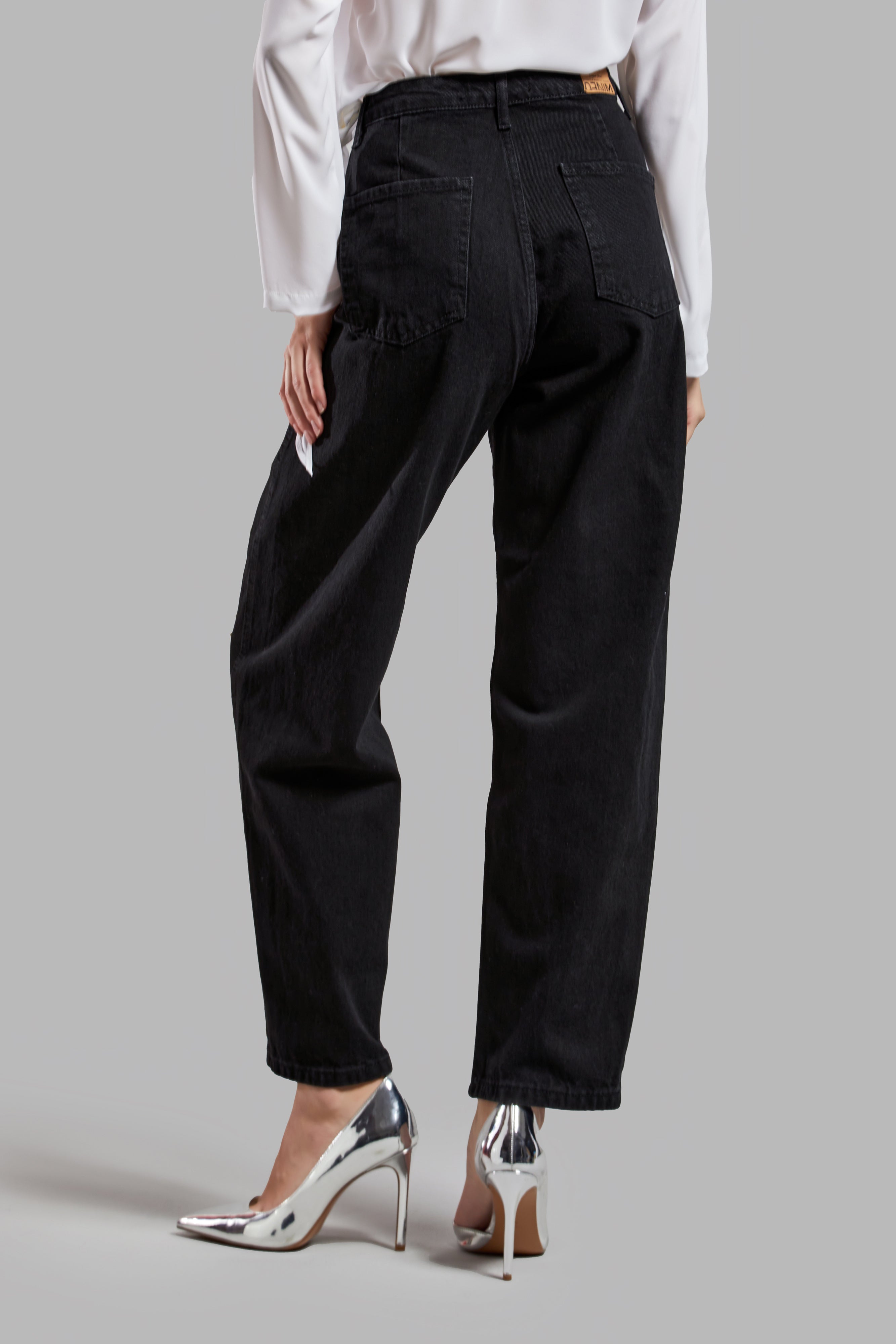 Women's Black Color T1W41 White Pearl Detailed Relax Fit 100% Cotton Design Denim