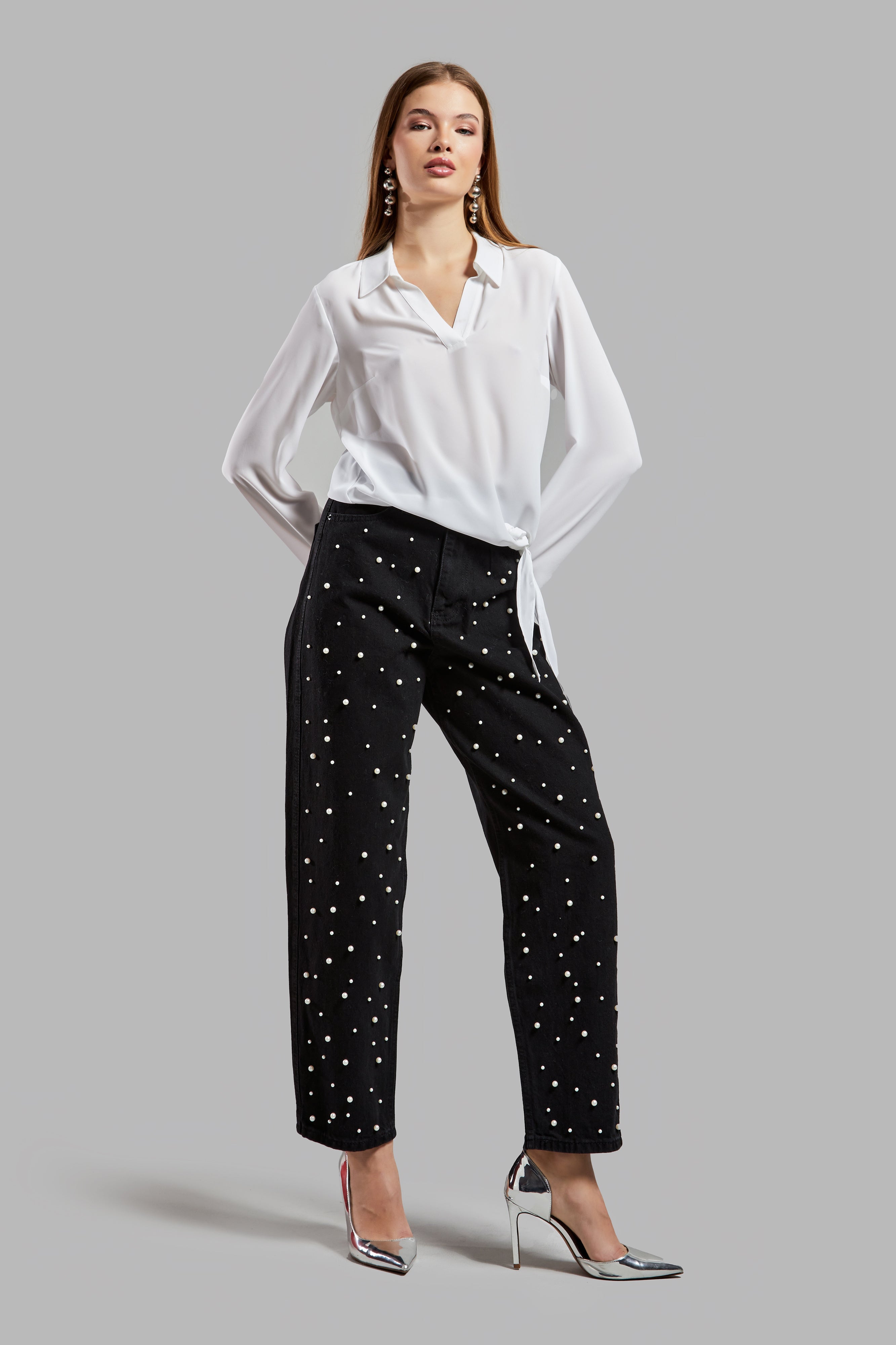 Women's Black Color T1W41 White Pearl Detailed Relax Fit 100% Cotton Design Denim