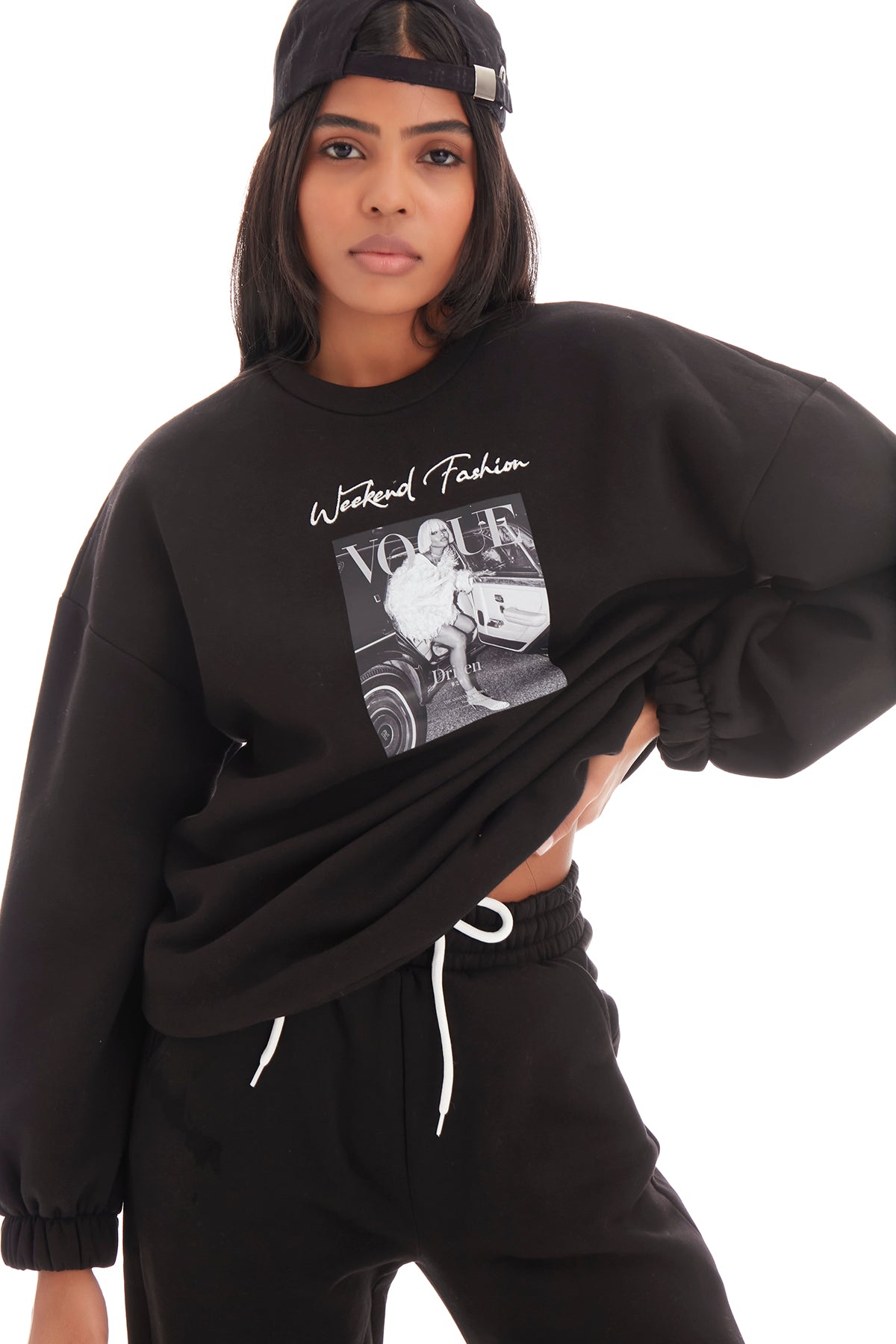 Women's Black Color Three Thread Inside Raised Front Printed Sweatshirt