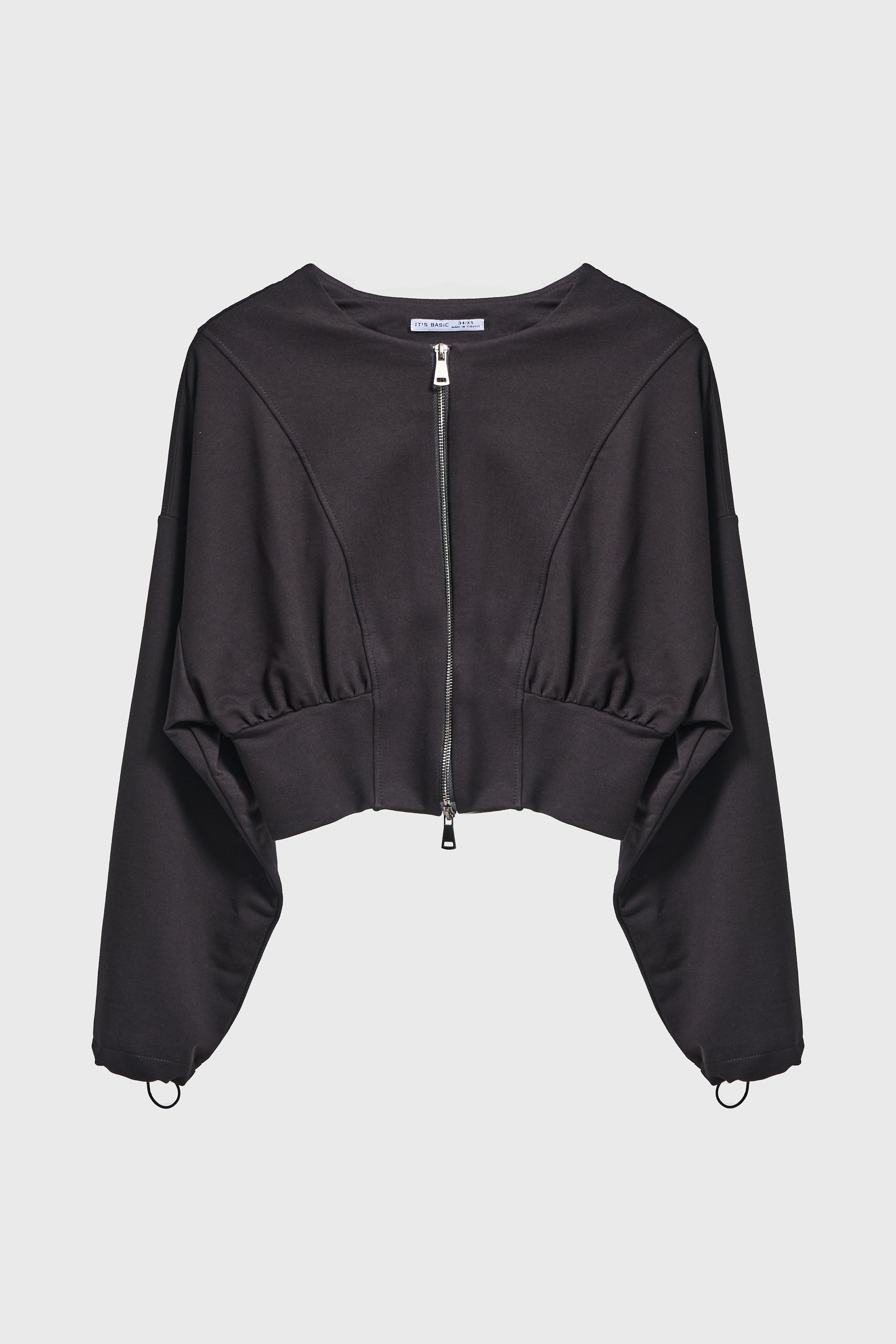 Kadın Siyah Renk w5-1 Bol Kesim Örme Esnek Kumaş Oversize Fermuarlı Sweatshirt