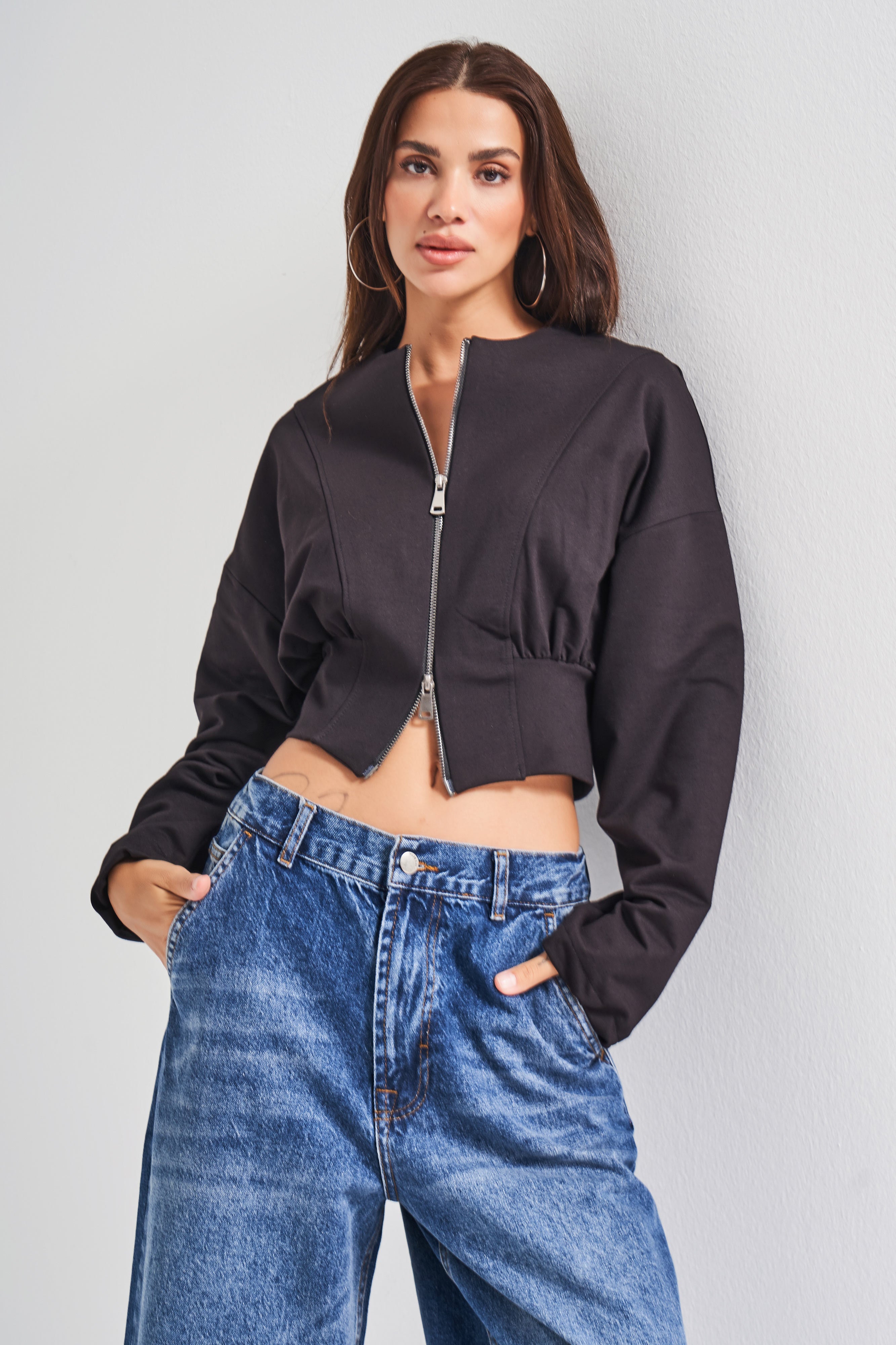 Kadın Siyah Renk w5-1 Bol Kesim Örme Esnek Kumaş Oversize Fermuarlı Sweatshirt