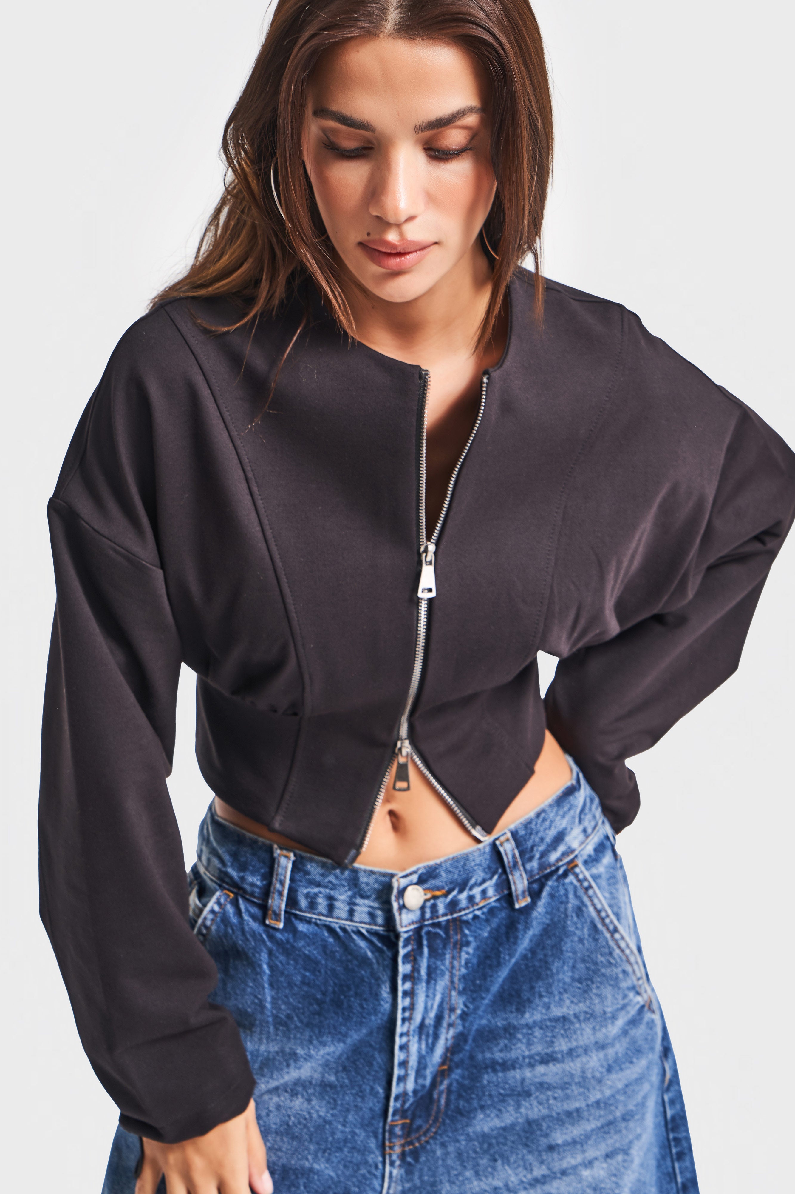 Kadın Siyah Renk w5-1 Bol Kesim Örme Esnek Kumaş Oversize Fermuarlı Sweatshirt