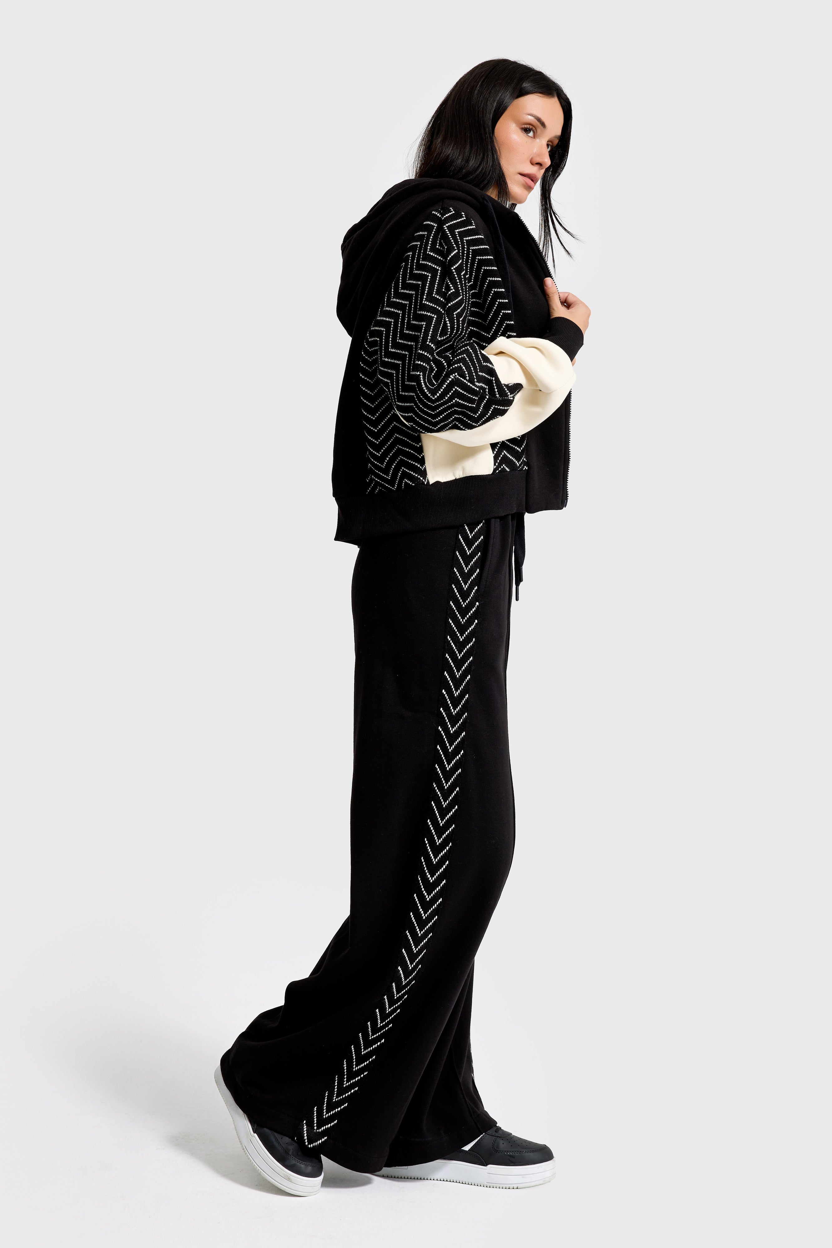 Kadın Siyah Renk w5-1 Kapişonlu Sweatshirt Polar Eşofman Alt 2'li Kombin Kumaş Tasarım Takım