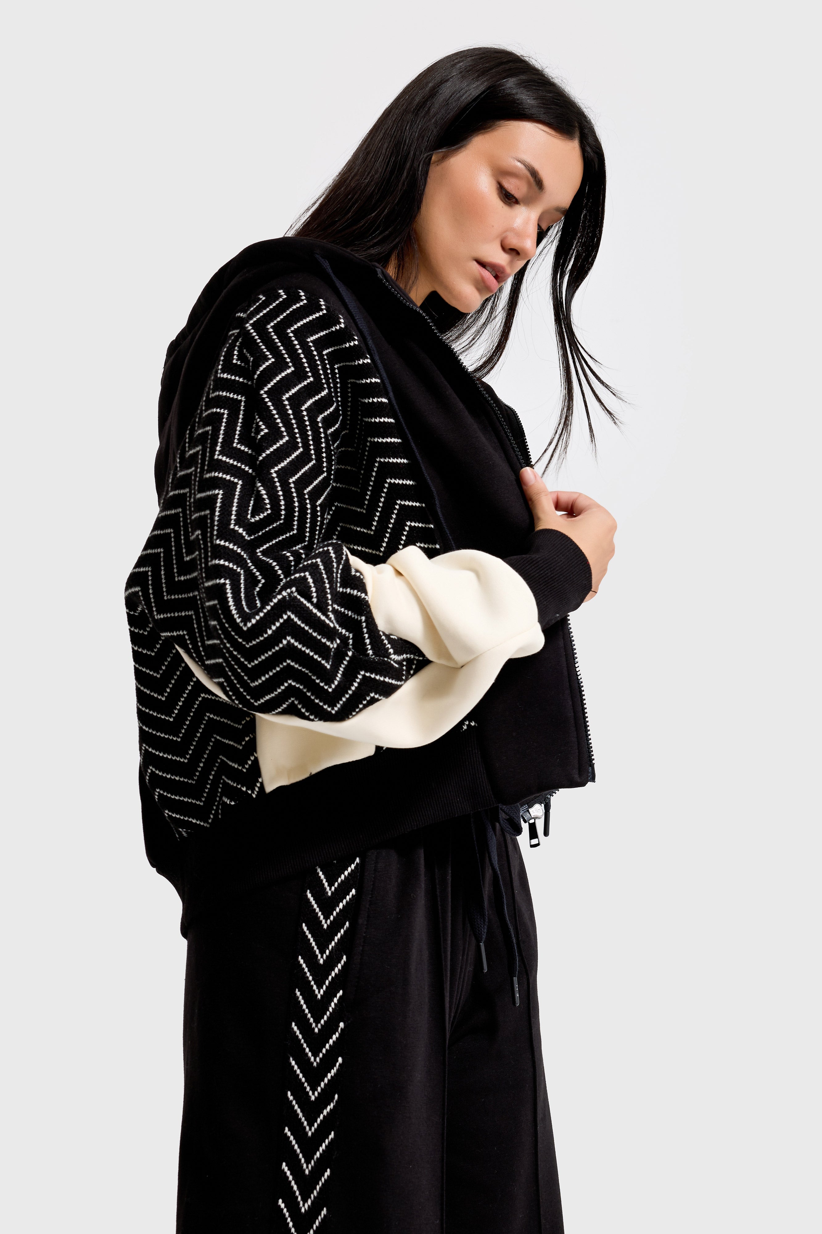 Kadın Siyah Renk w5-1 Kapişonlu Sweatshirt Polar Eşofman Alt 2'li Kombin Kumaş Tasarım Takım