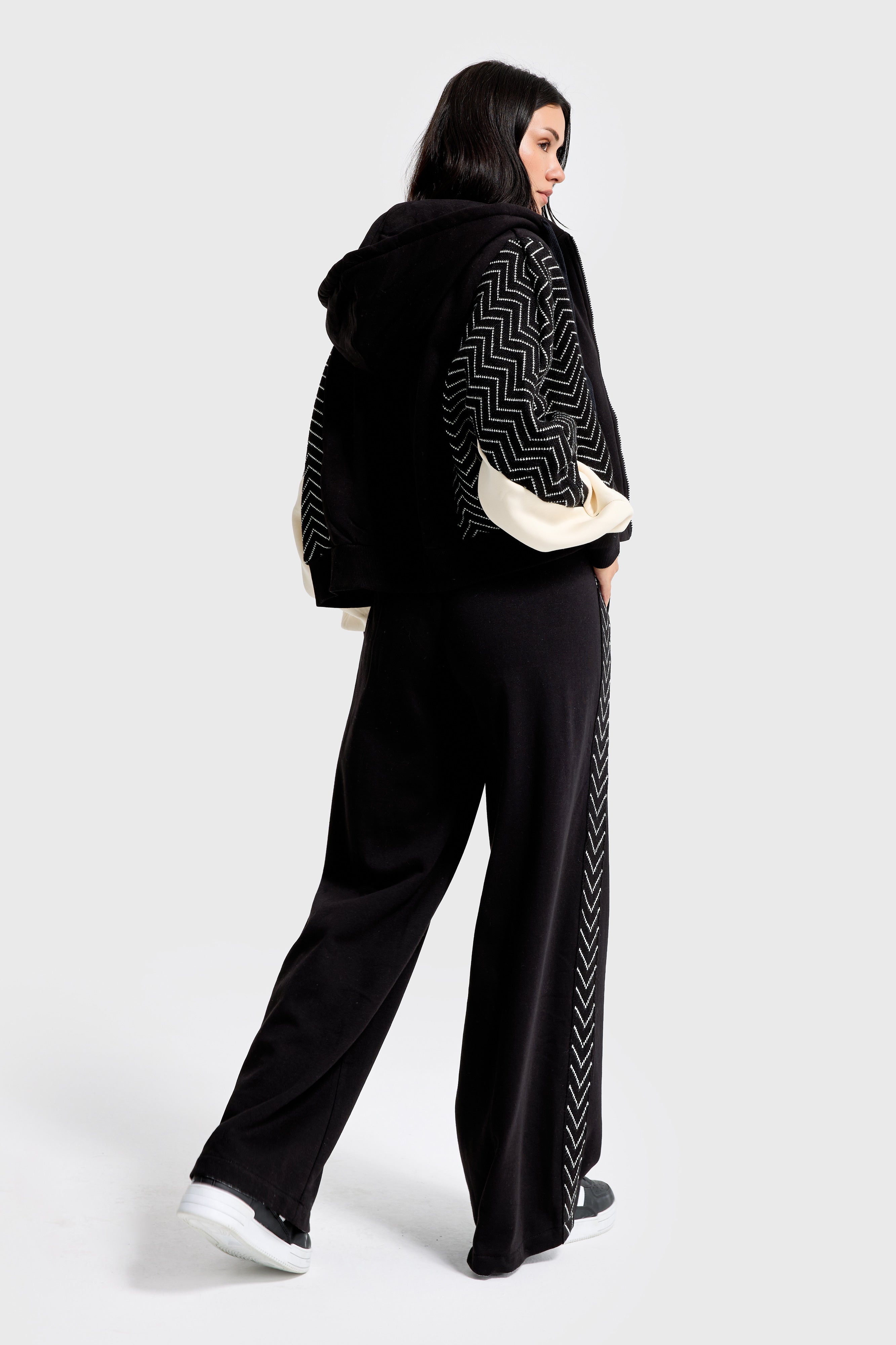 Kadın Siyah Renk w5-1 Kapişonlu Sweatshirt Polar Eşofman Alt 2'li Kombin Kumaş Tasarım Takım