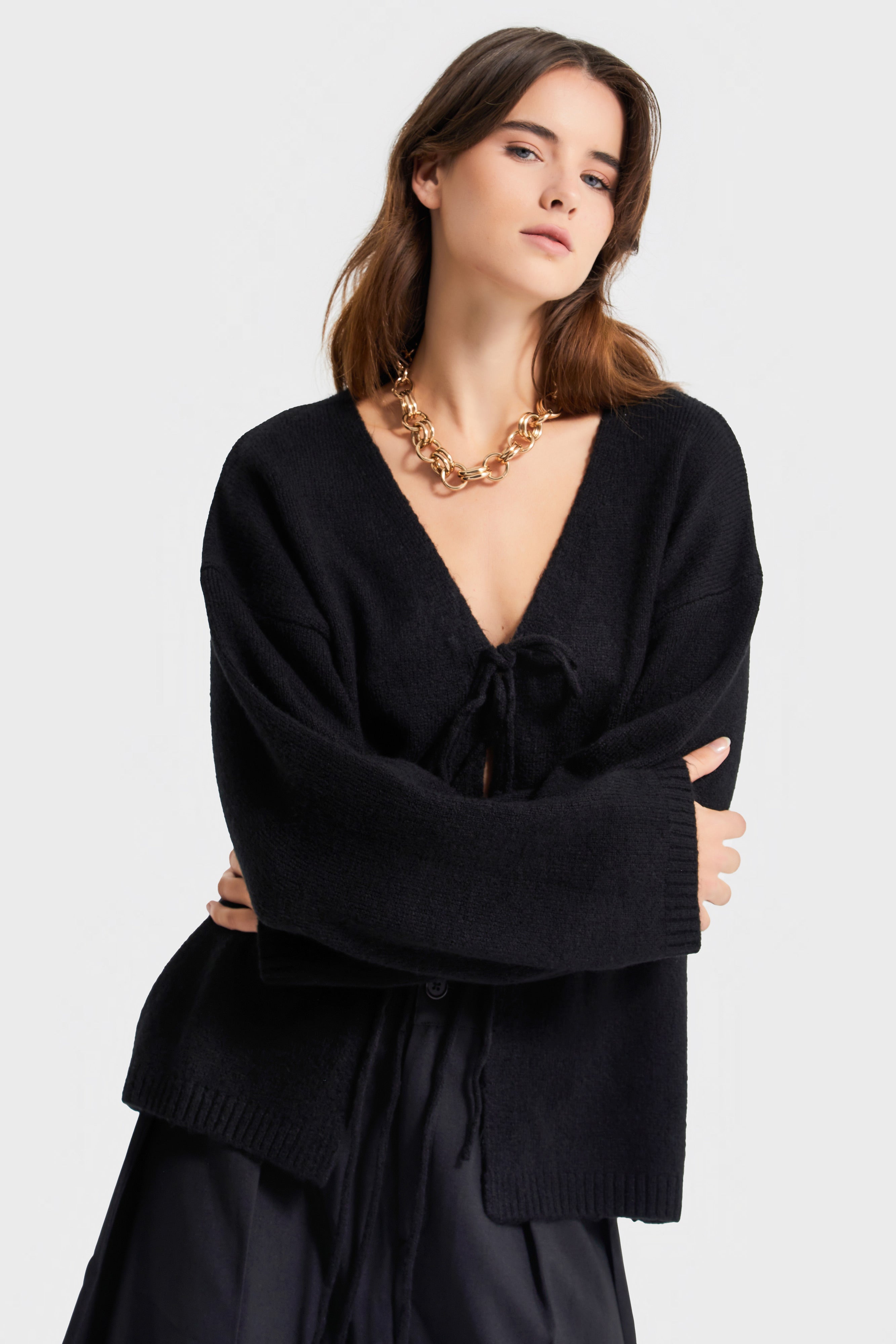 Kadın Siyah Renk w5-1 Önü Bağcıklı Oversize Triko Kazak