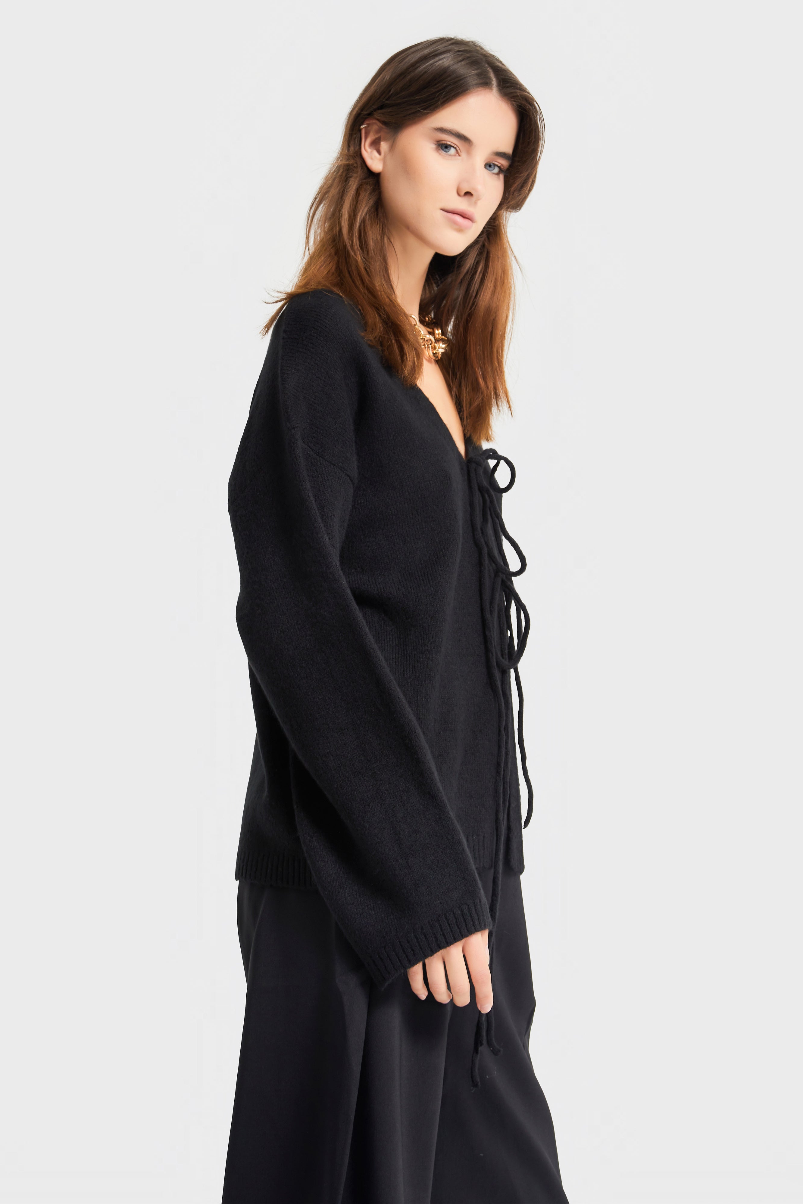 Kadın Siyah Renk w5-1 Önü Bağcıklı Oversize Triko Kazak