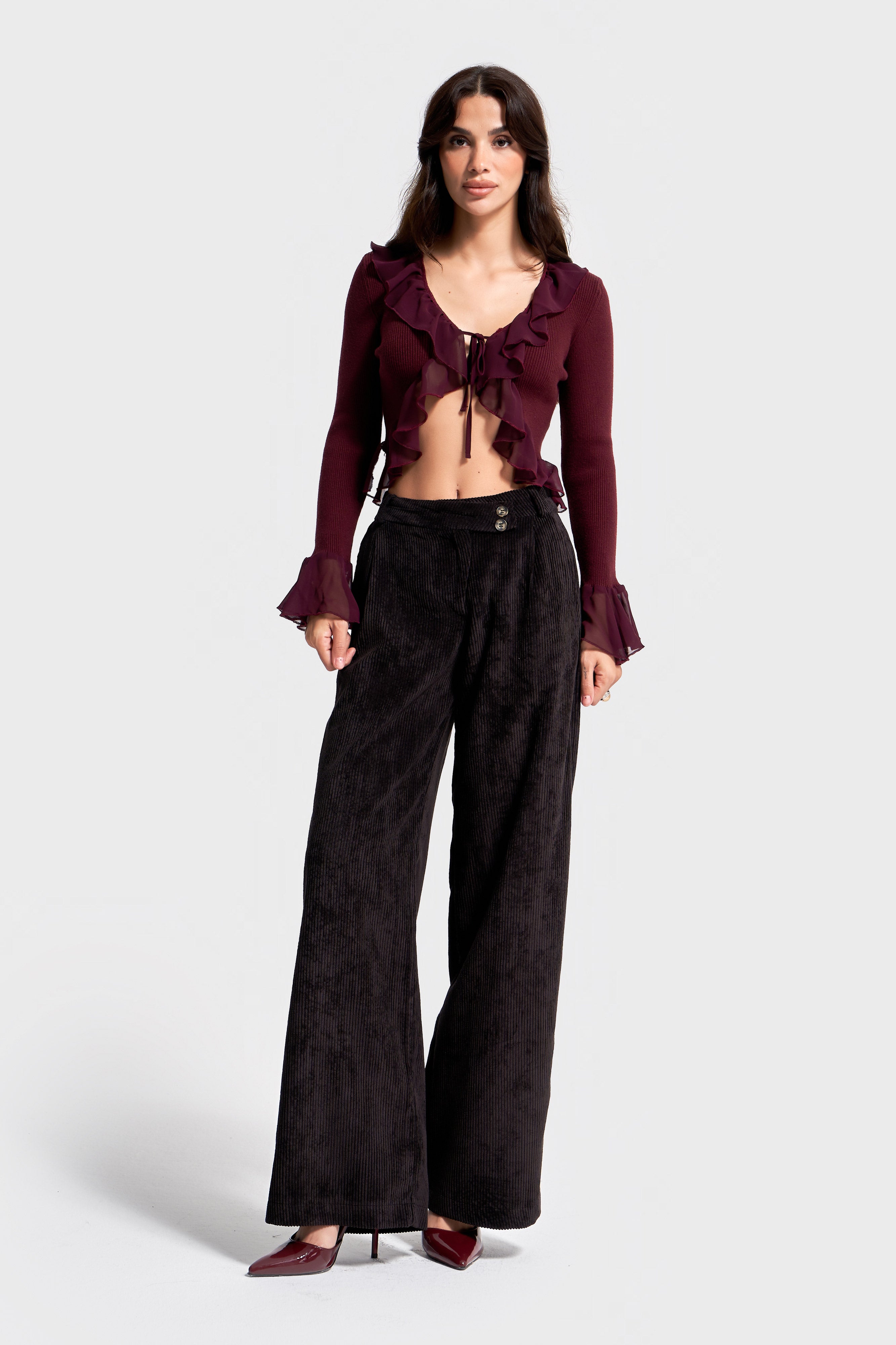 Kadın Siyah Renk w5-1 Palazzo Fit Kemer Detaylı Kalın Fitilli Velvet Kadife Kumaş Pantolon