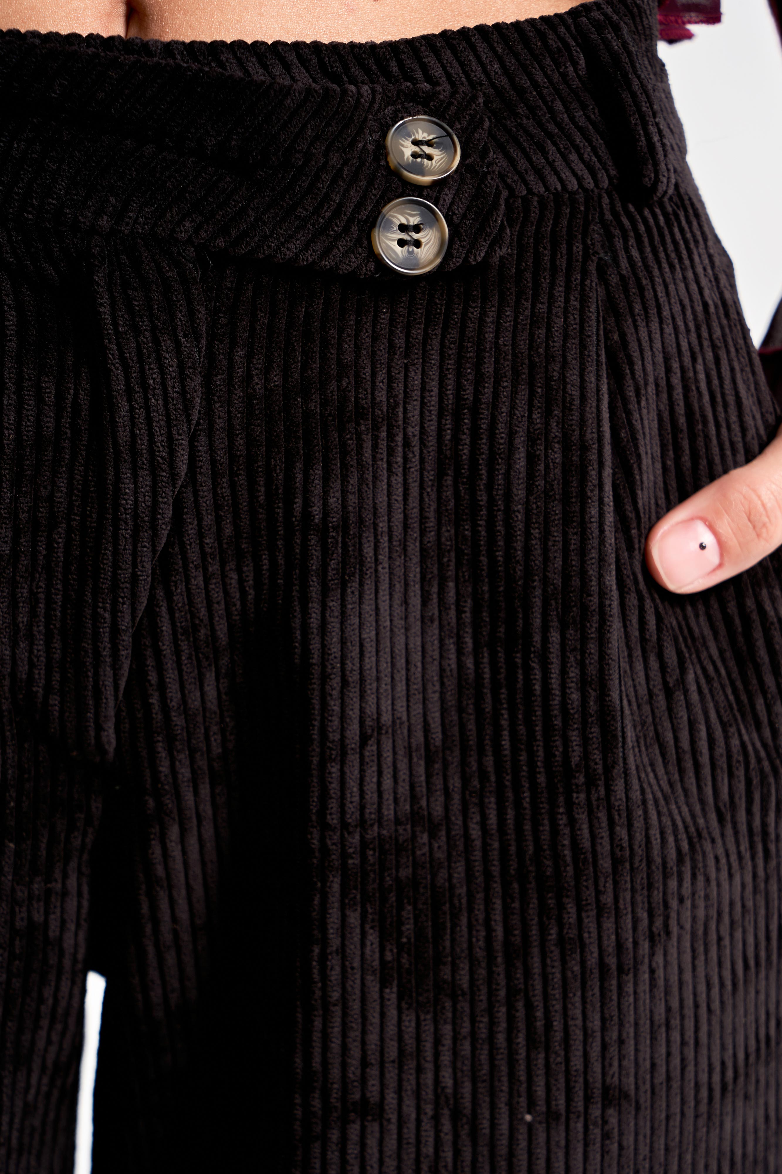 Kadın Siyah Renk w5-1 Palazzo Fit Kemer Detaylı Kalın Fitilli Velvet Kadife Kumaş Pantolon