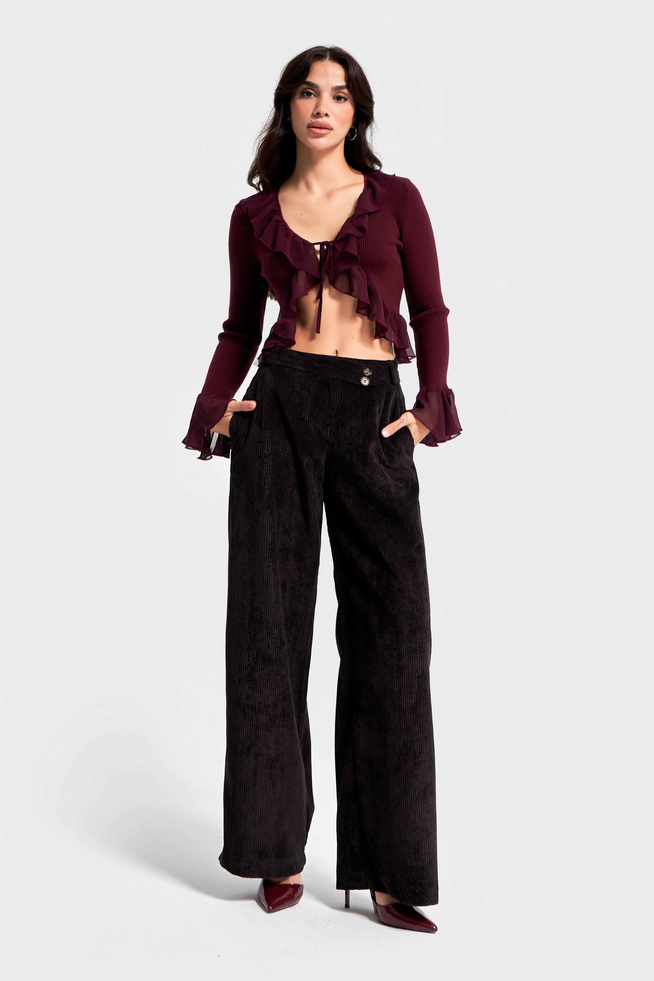 Kadın Siyah Renk w5-1 Palazzo Fit Kemer Detaylı Kalın Fitilli Velvet Kadife Kumaş Pantolon