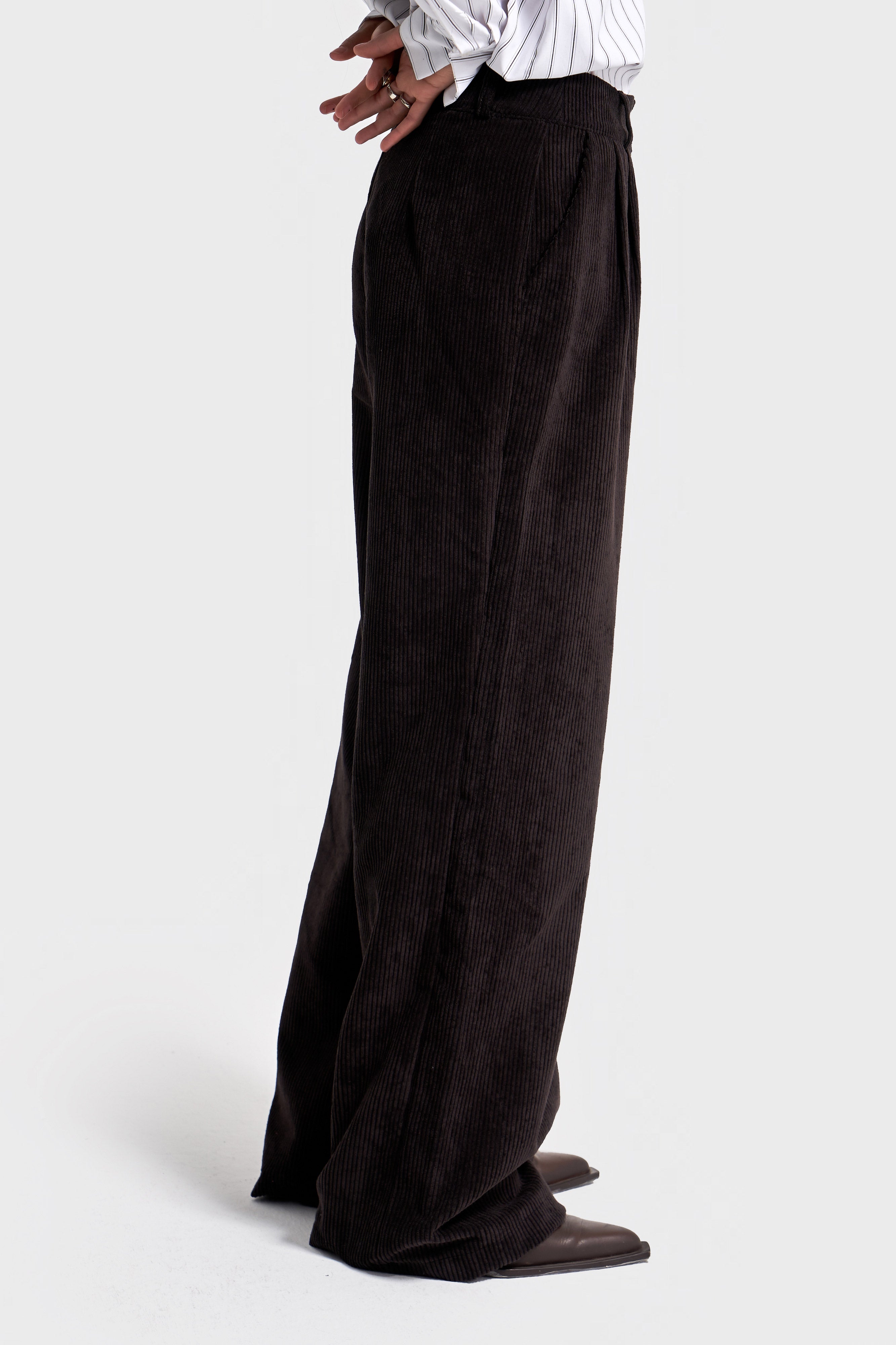 Kadın Siyah Renk w5-1 Süper Palazzo Fit Pileli Kalın Fitilli Velvet Kadife Kumaş Pantolon