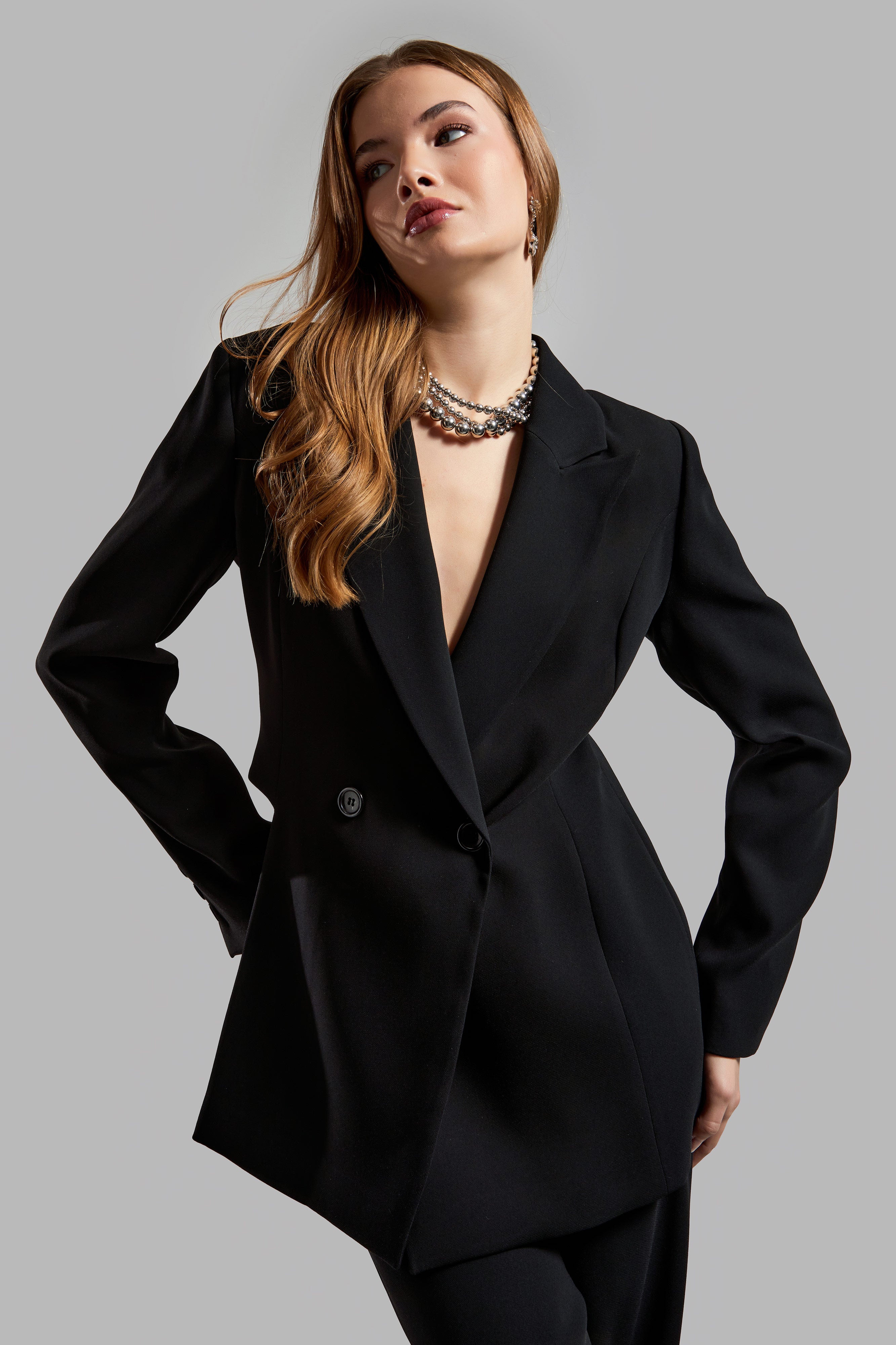 Women's Black Color Side Slit Lined Design Blazer Jacket