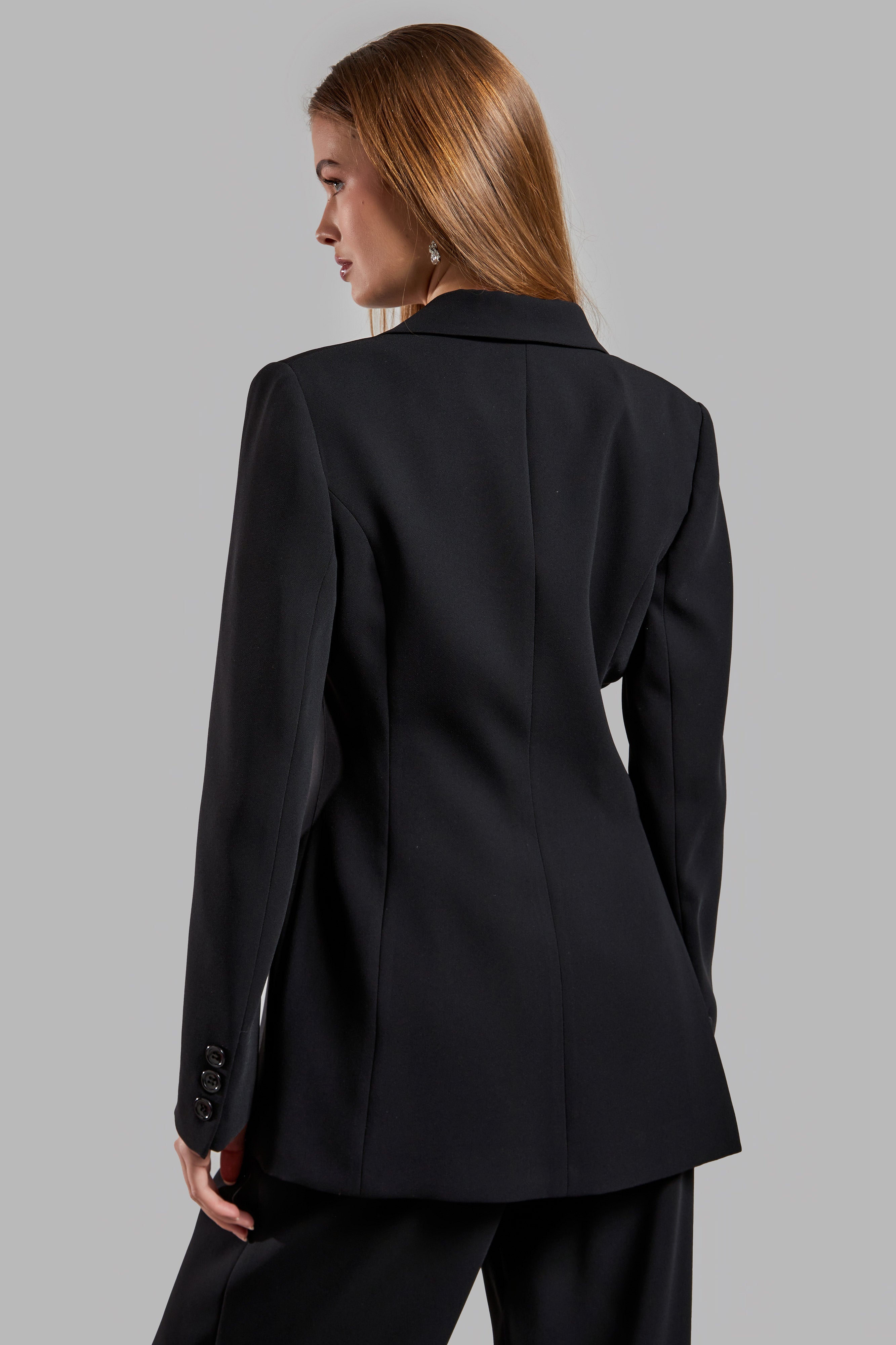 Women's Black Color Side Slit Lined Design Blazer Jacket