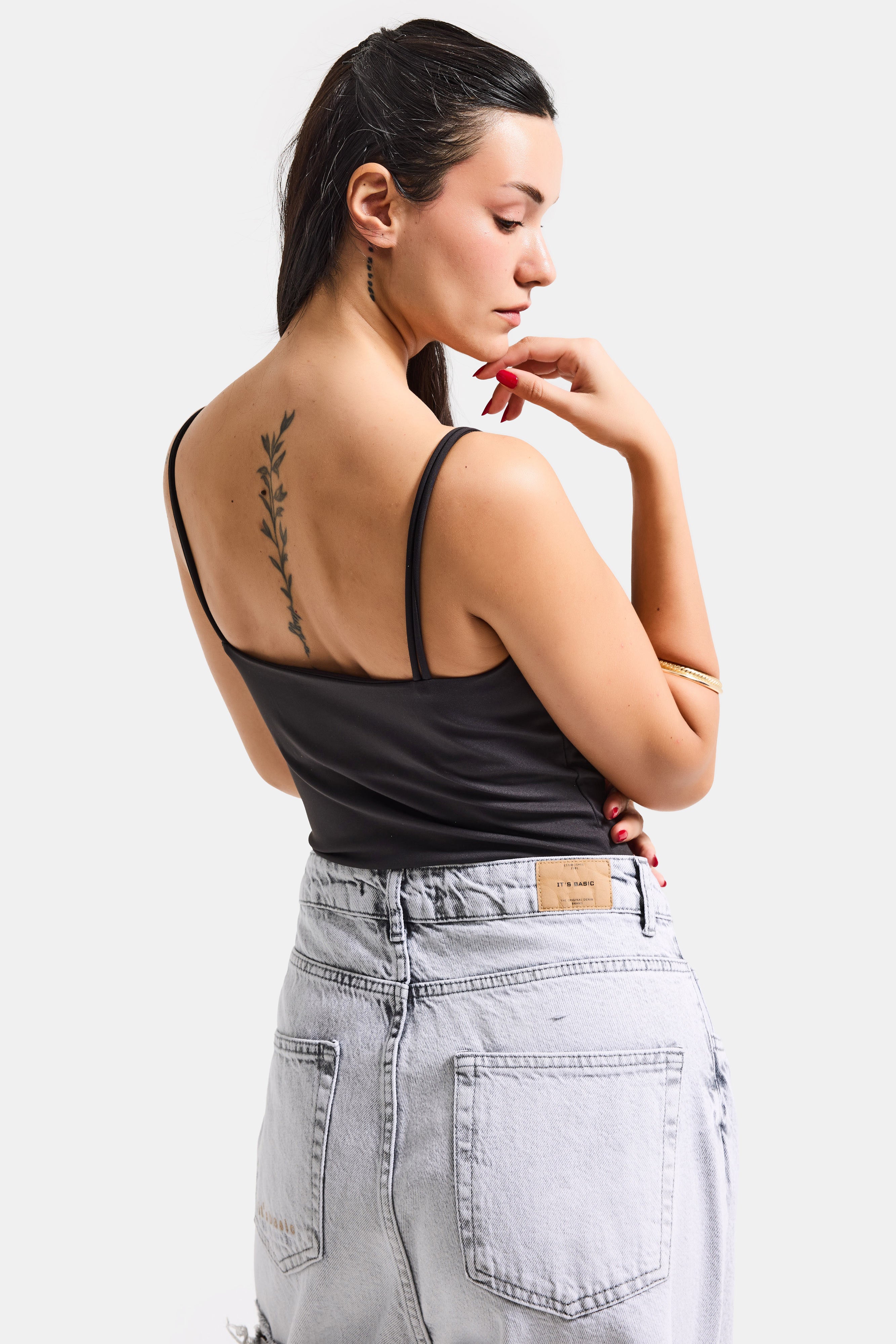 Kadın Siyah s6-1 Askılı Aksesuar Detaylı Çıtçıtlı Body