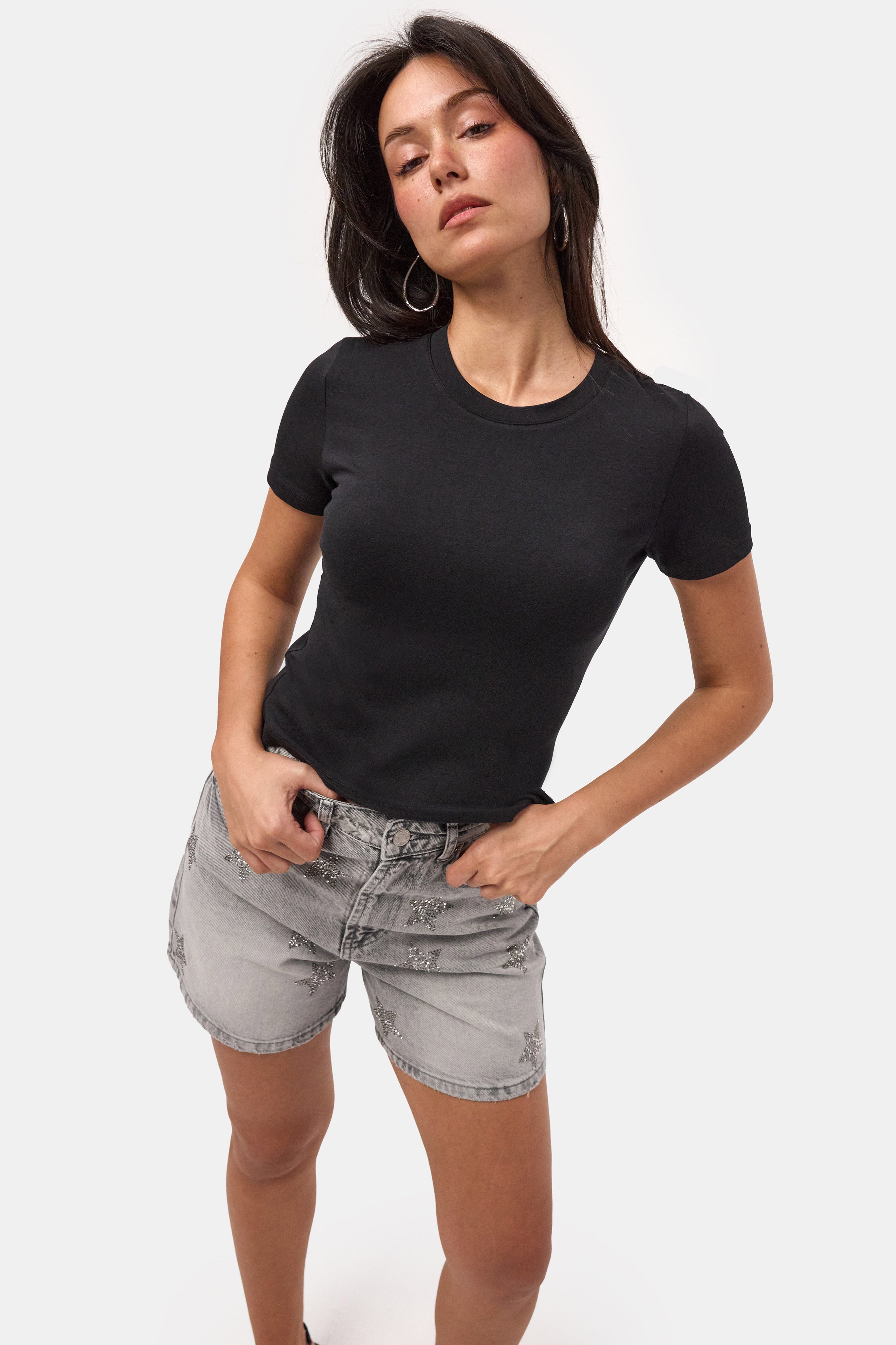 Kadın Siyah s6-1 Bisiklet Yaka %100 Organik Pamuk Esnek Kumaş T-Shirt