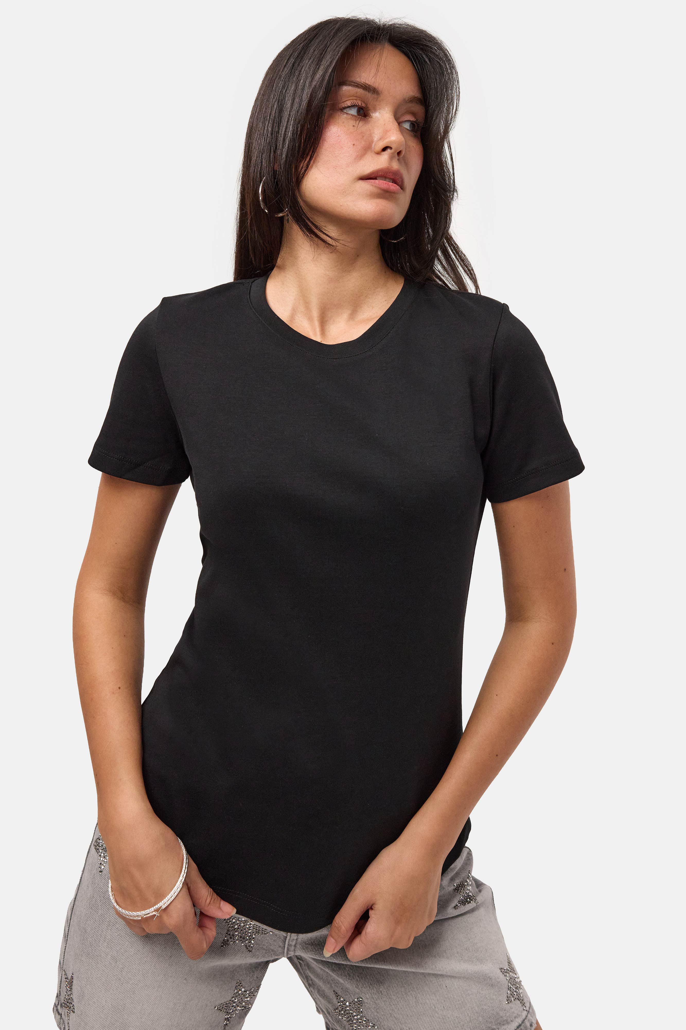 Kadın Siyah s6-1 Bisiklet Yaka Organik Koton T-Shirt