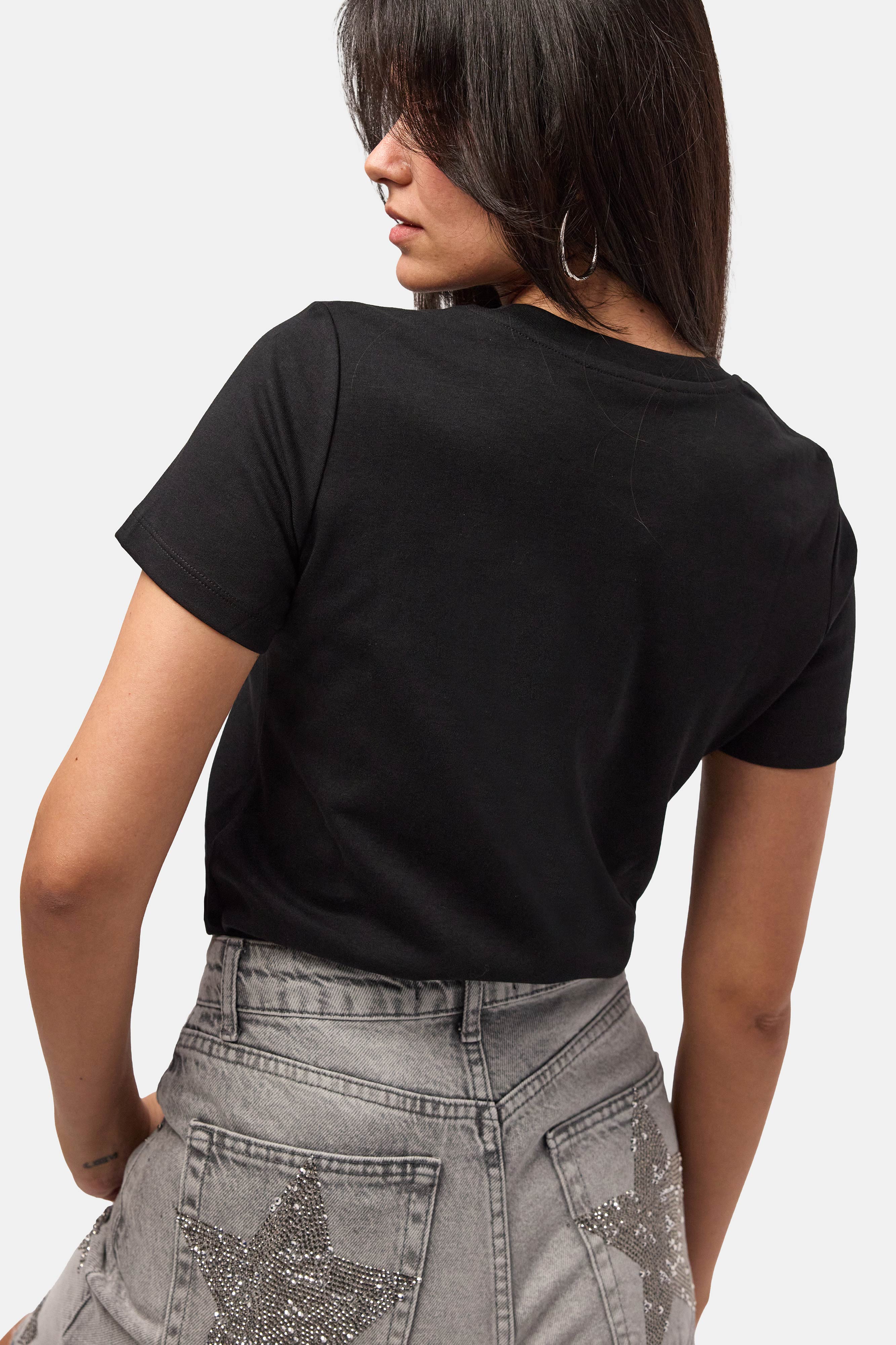 Kadın Siyah s6-1 Bisiklet Yaka Organik Koton T-Shirt