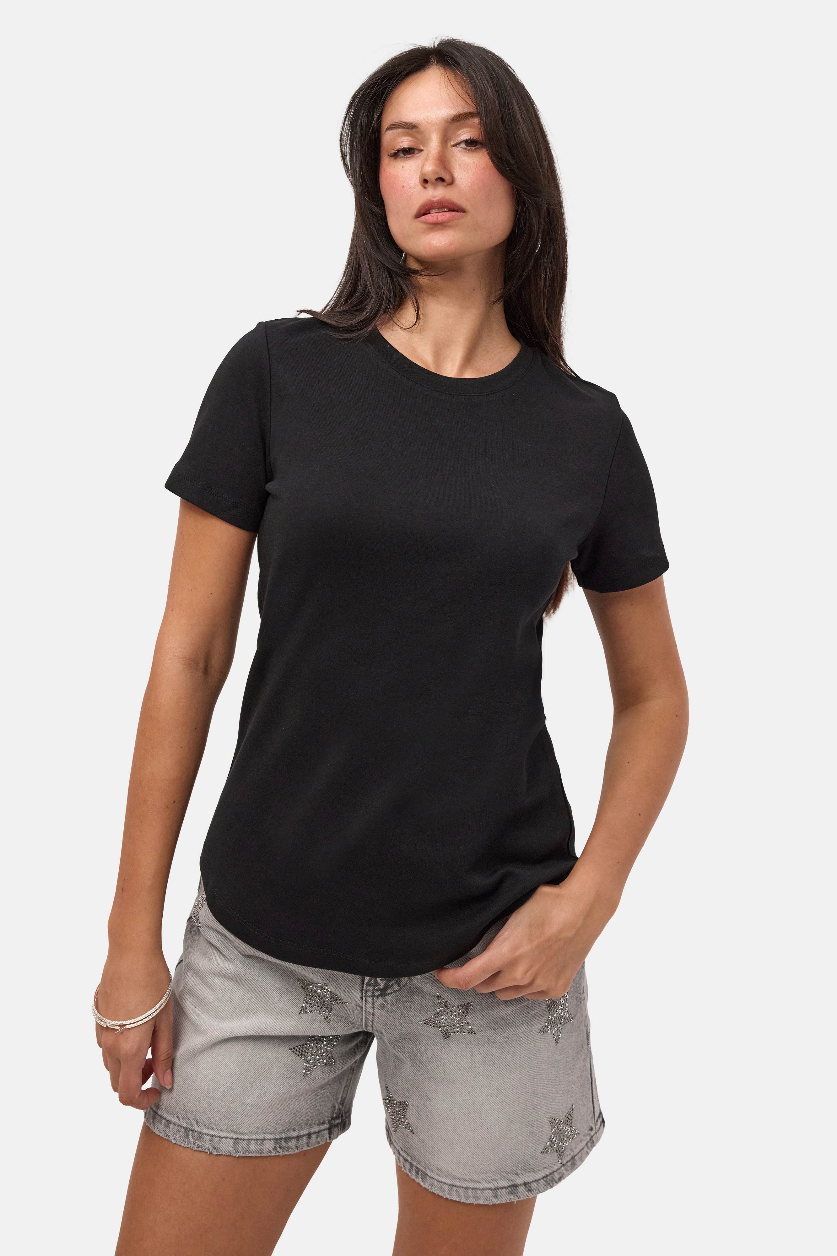 Kadın Siyah s6-1 Bisiklet Yaka Organik Koton T-Shirt