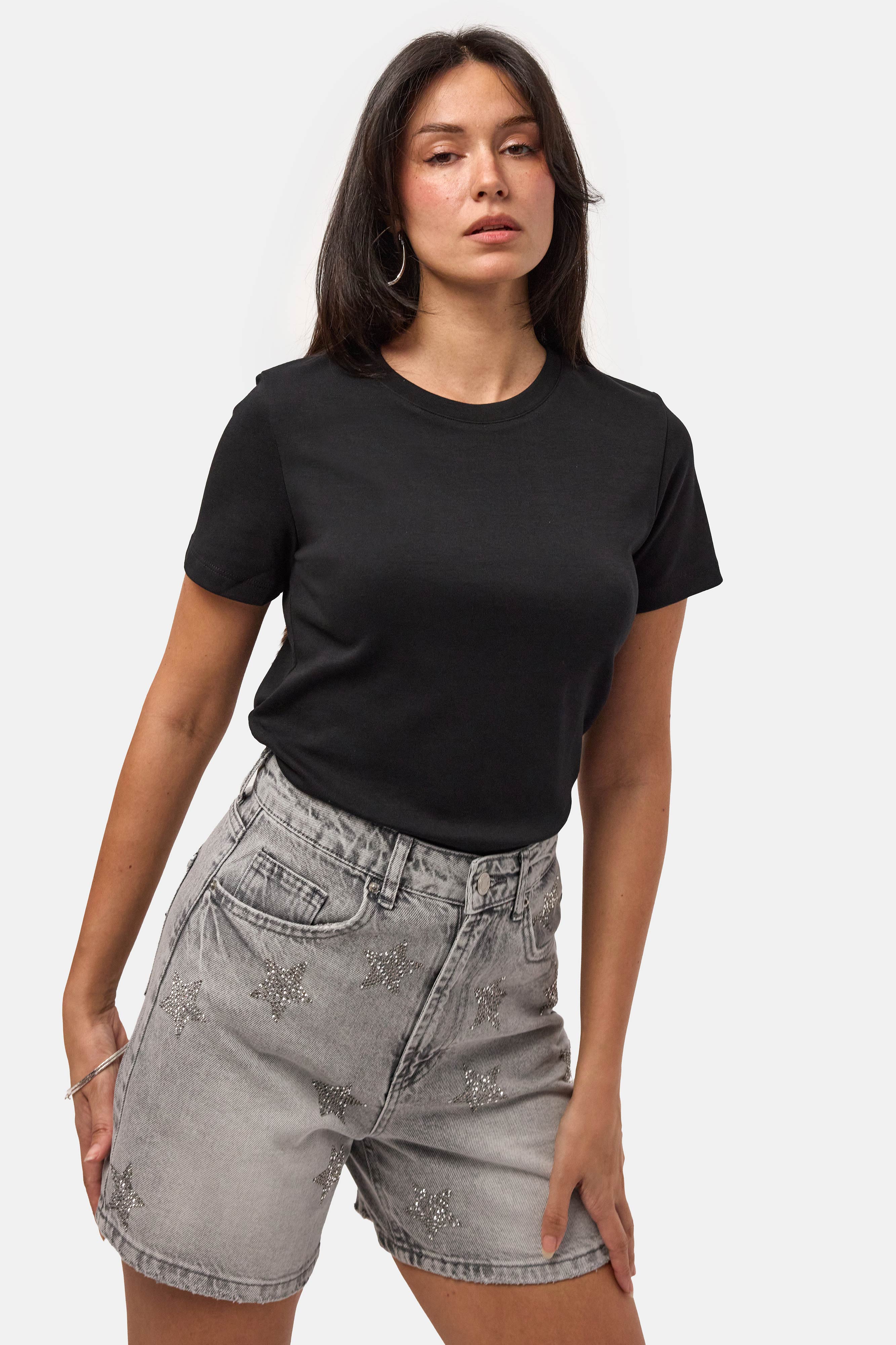 Kadın Siyah s6-1 Bisiklet Yaka Organik Koton T-Shirt