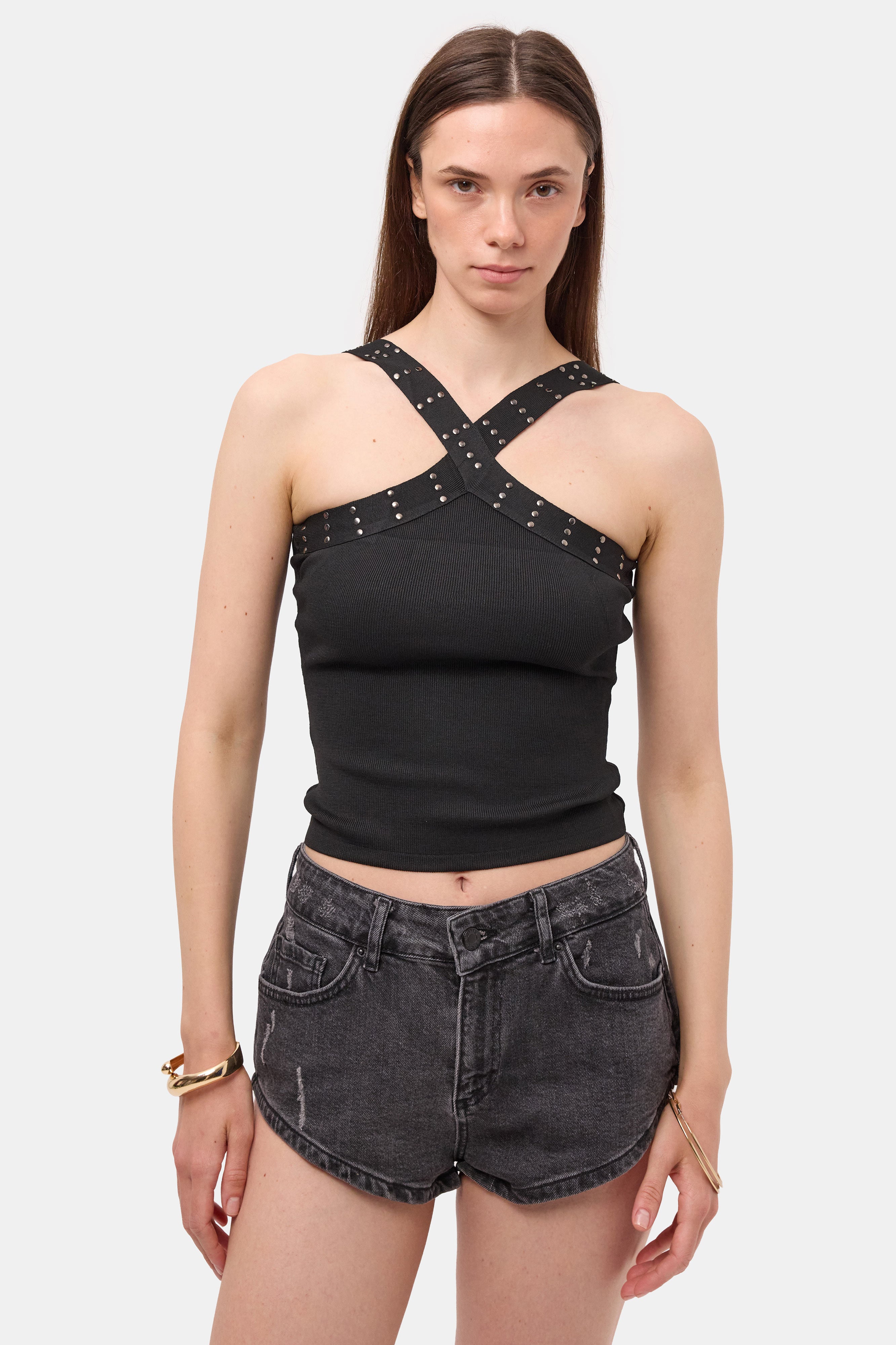 Kadın Siyah s6-1 Crop Parlak Taş Detaylı Boyundan Askılı Tasarım Body