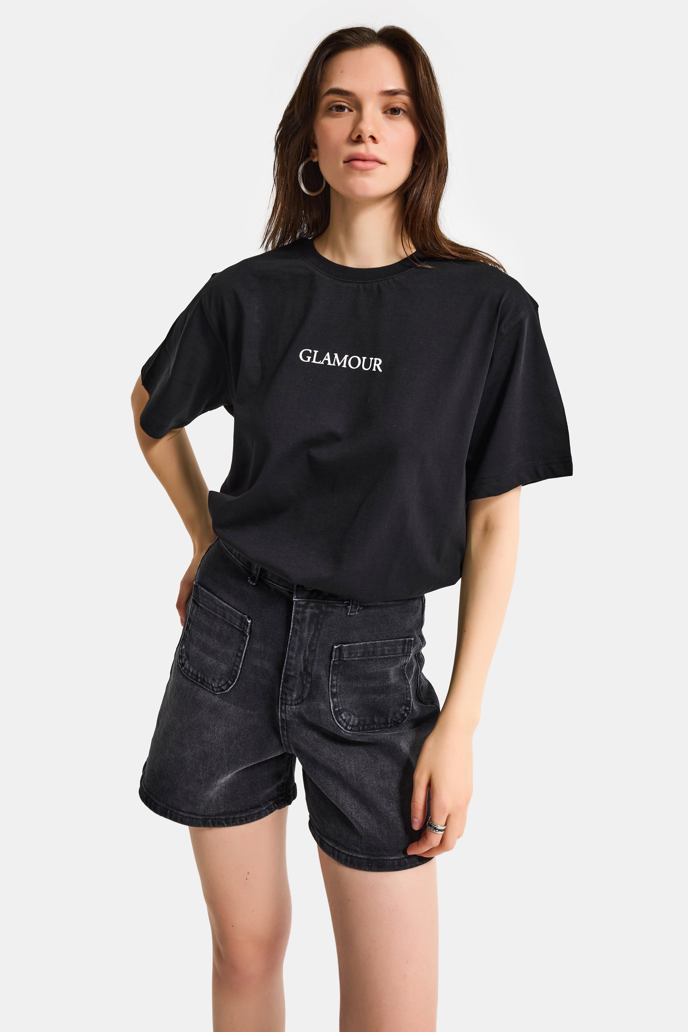 Kadın Siyah s6-1 Oversize Glamour Baskılı %100 Koton T-Shirt