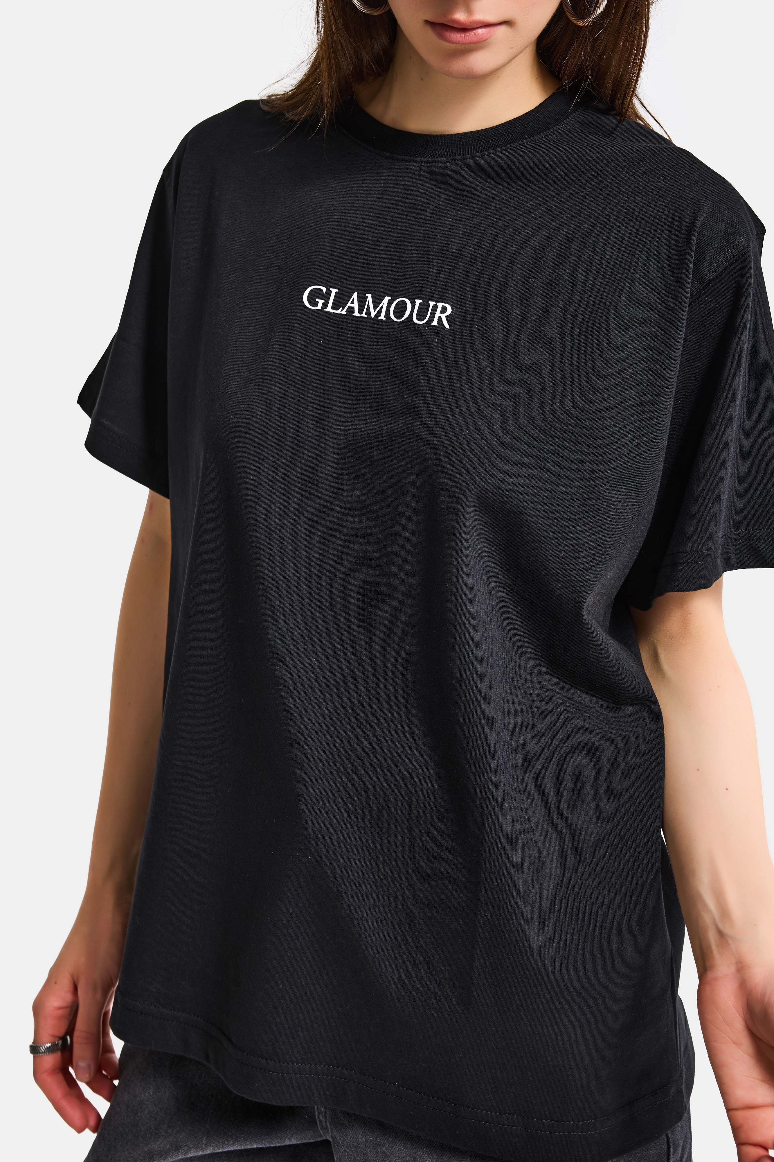 Kadın Siyah s6-1 Oversize Glamour Baskılı %100 Koton T-Shirt