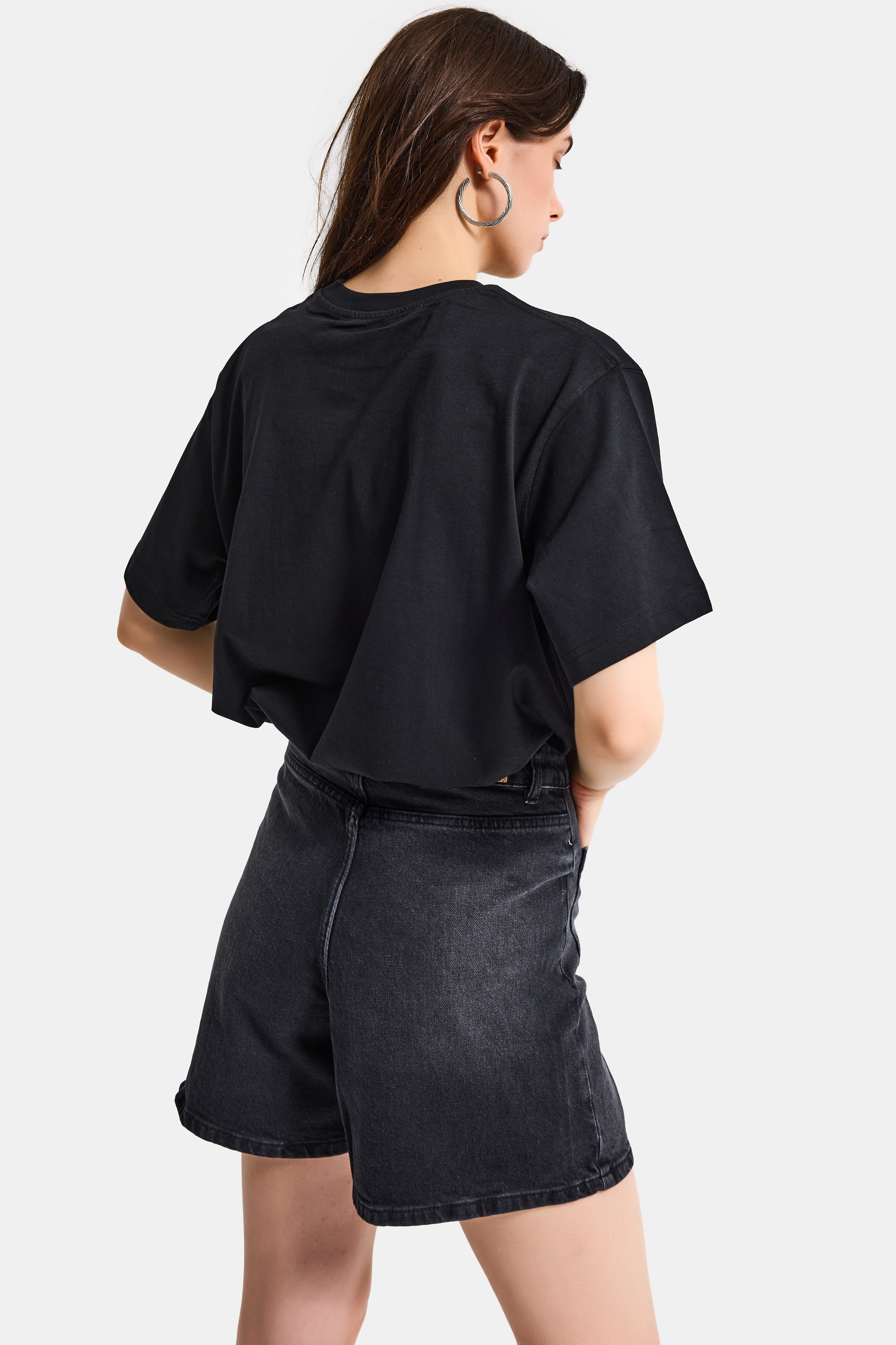 Kadın Siyah s6-1 Oversize Glamour Baskılı %100 Koton T-Shirt