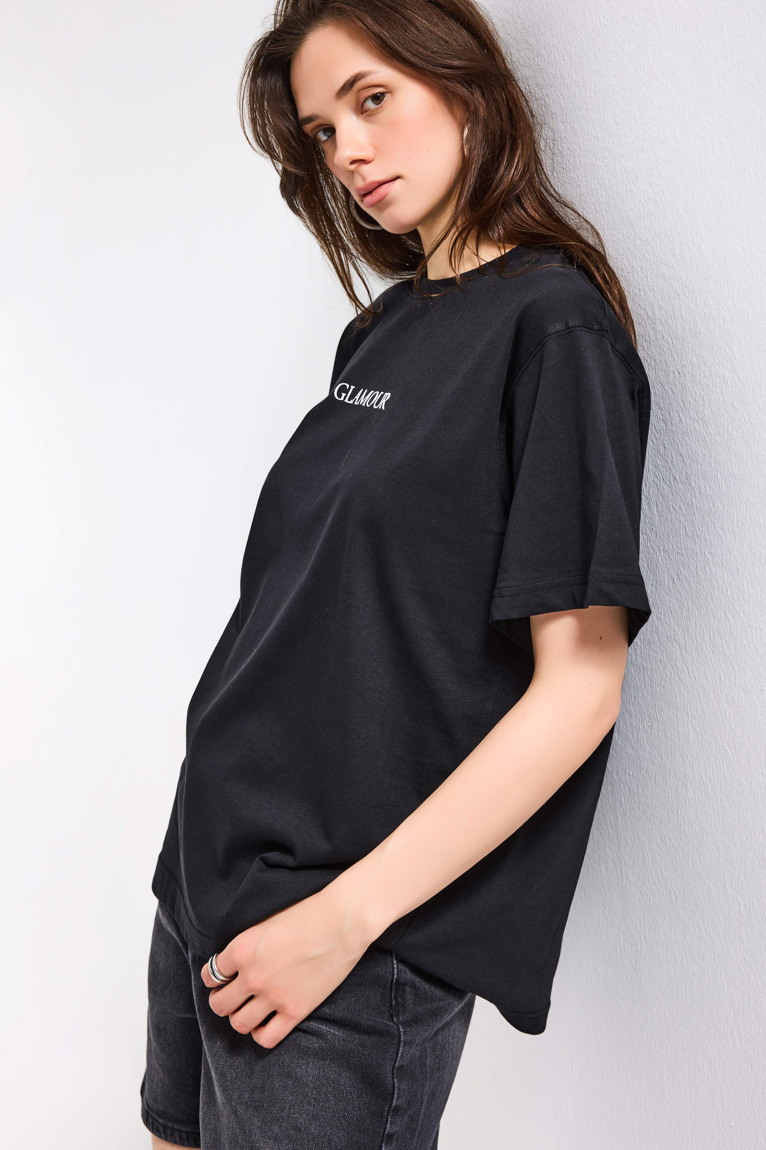 Kadın Siyah s6-1 Oversize Glamour Baskılı %100 Koton T-Shirt