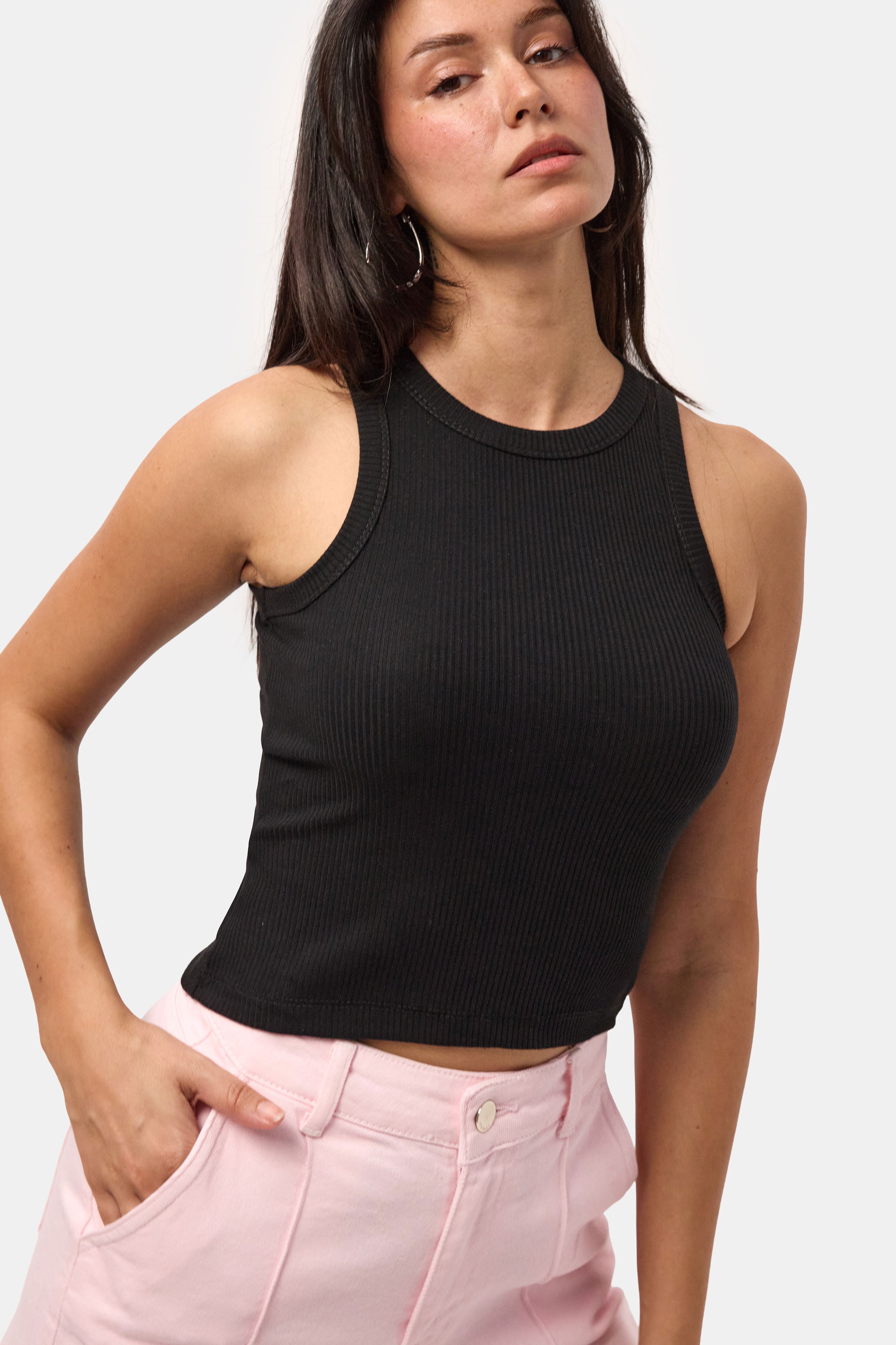 Kadın Siyah s6-1 Sıfır Kol Esnek Kumaş Crop Top