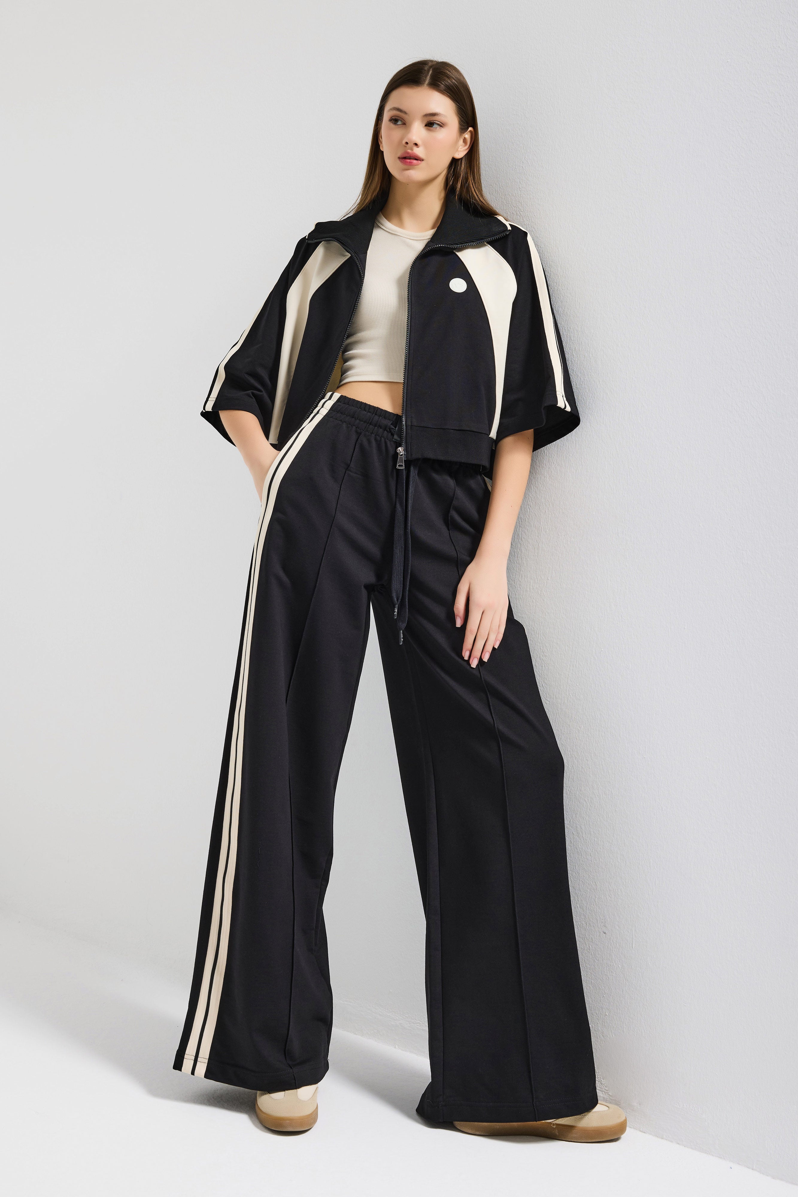 Kadın Siyah s6-1 Sweatshirt Yürüyüş Eşofman Pantolonu 2'li Tasarım Takım