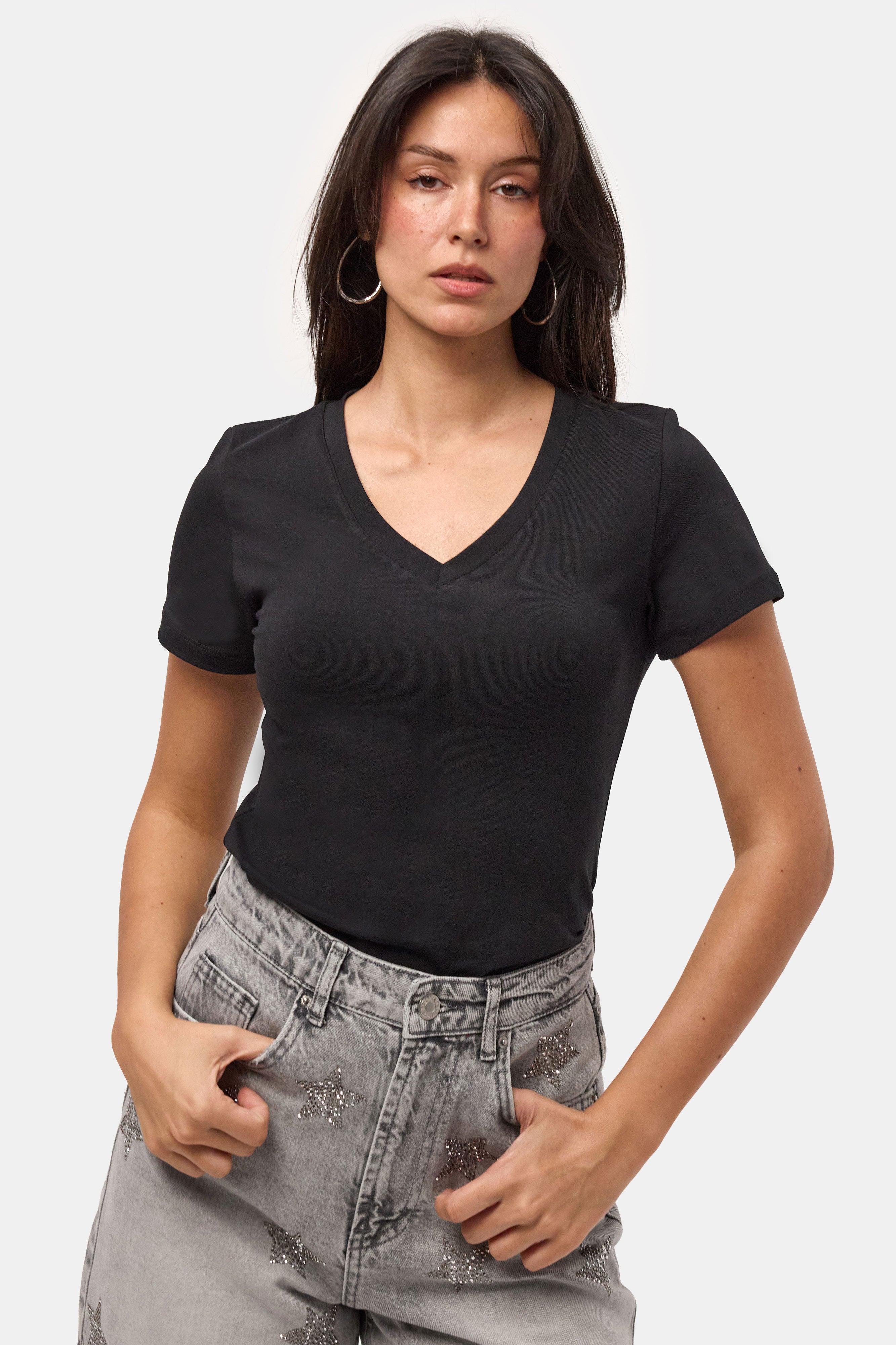 Kadın Siyah s6-1 V Yaka %100 Organik Pamuk Esnek Kumaş T-Shirt