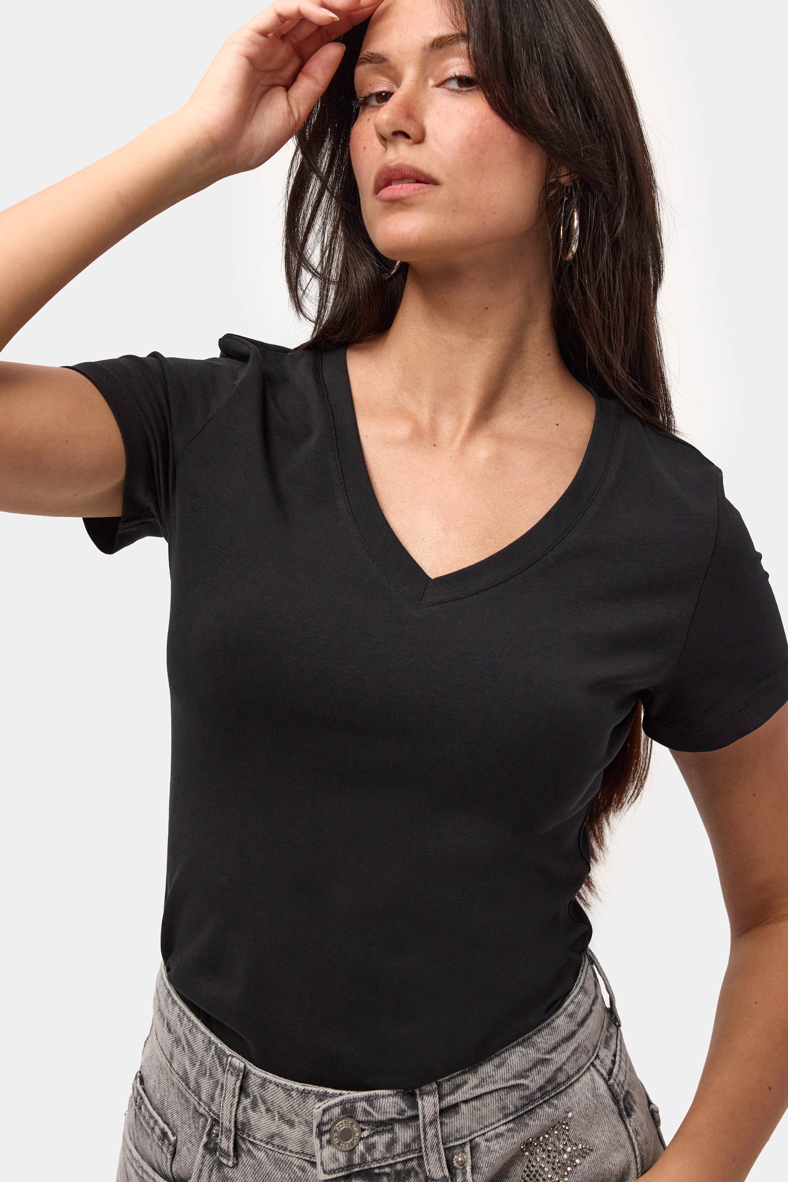 Kadın Siyah s6-1 V Yaka %100 Organik Pamuk Esnek Kumaş T-Shirt