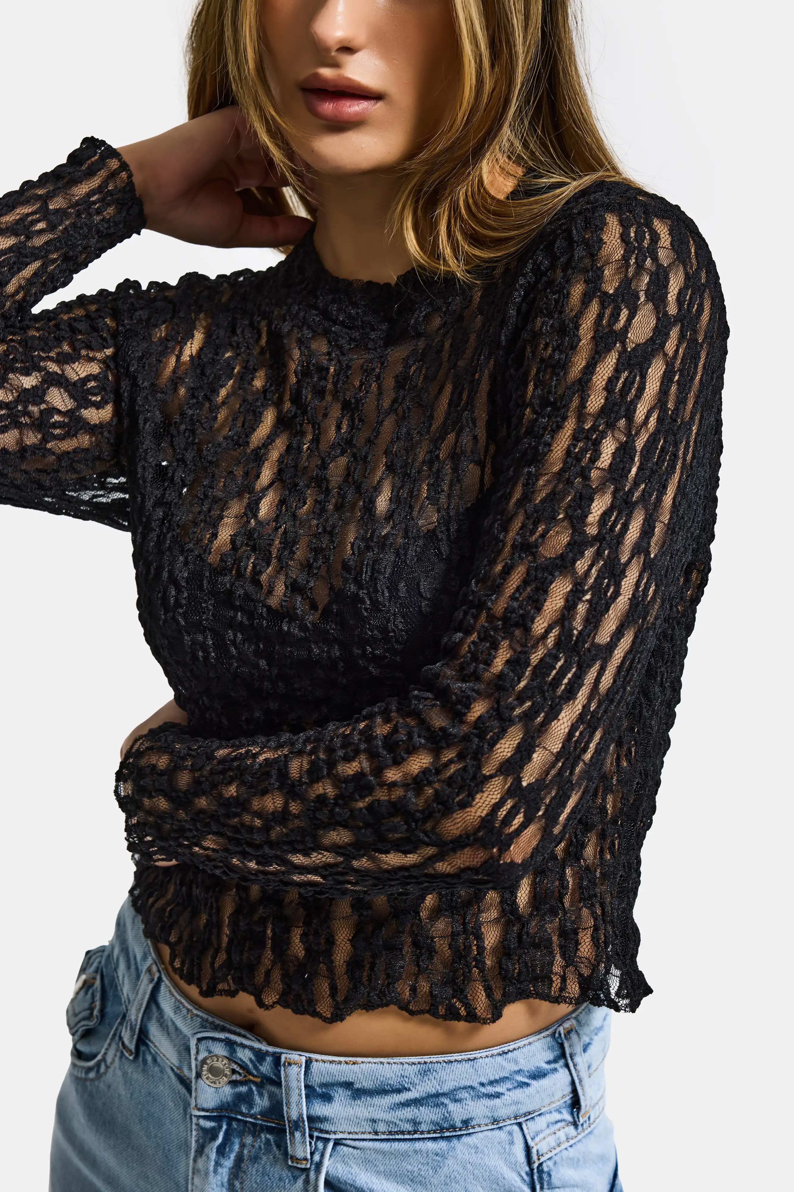 Kadın Siyah Transparan Crop Bluz