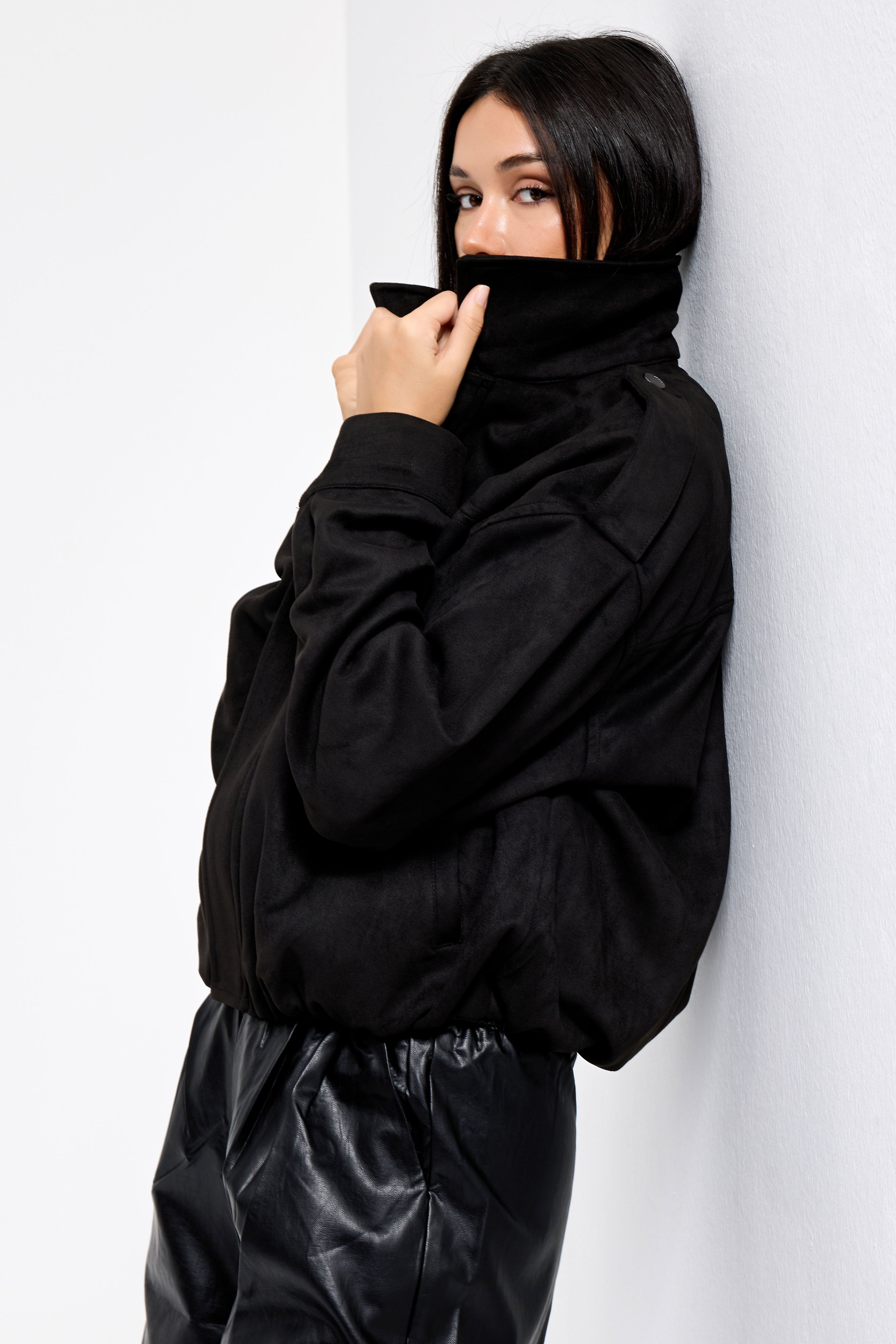 Kadın Siyah w5-1 Bomber Fit Bol Kesim Süet Kumaş Ceket