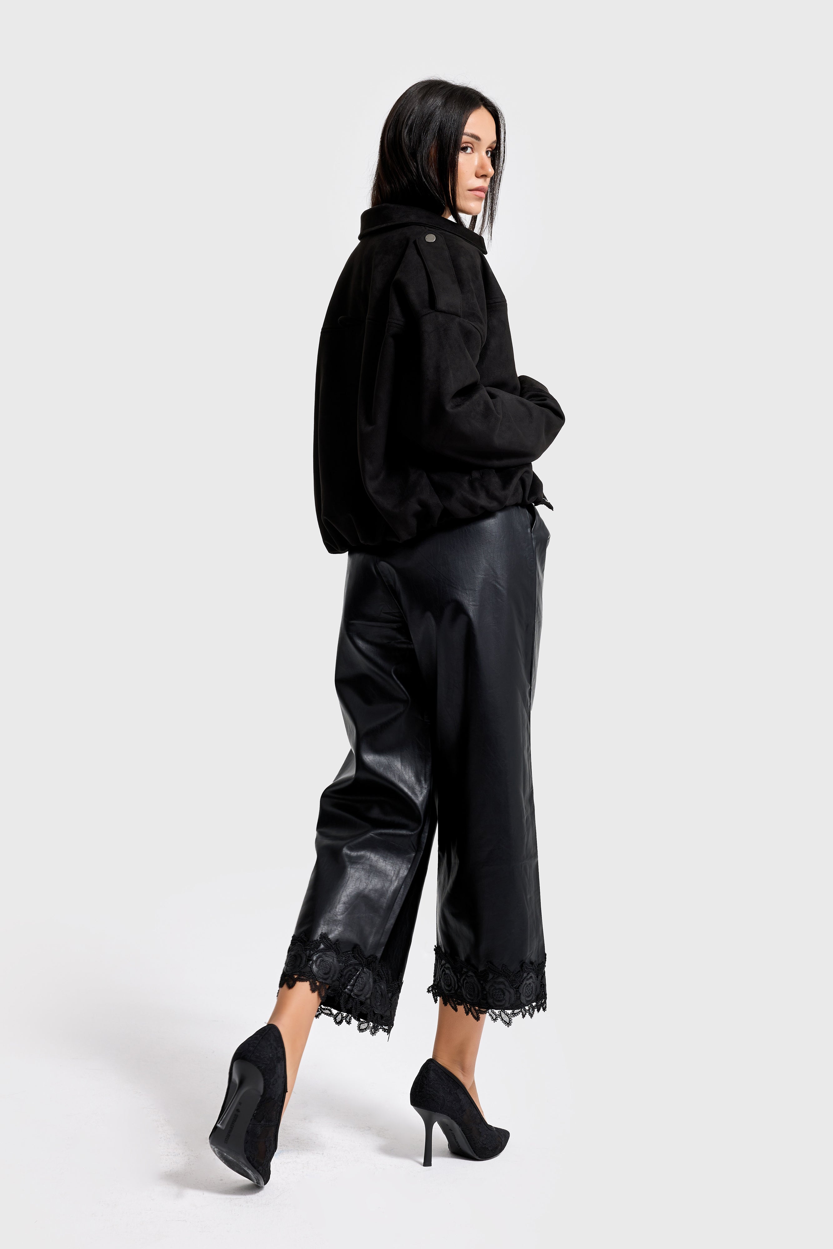 Kadın Siyah w5-1 Bomber Fit Bol Kesim Süet Kumaş Ceket