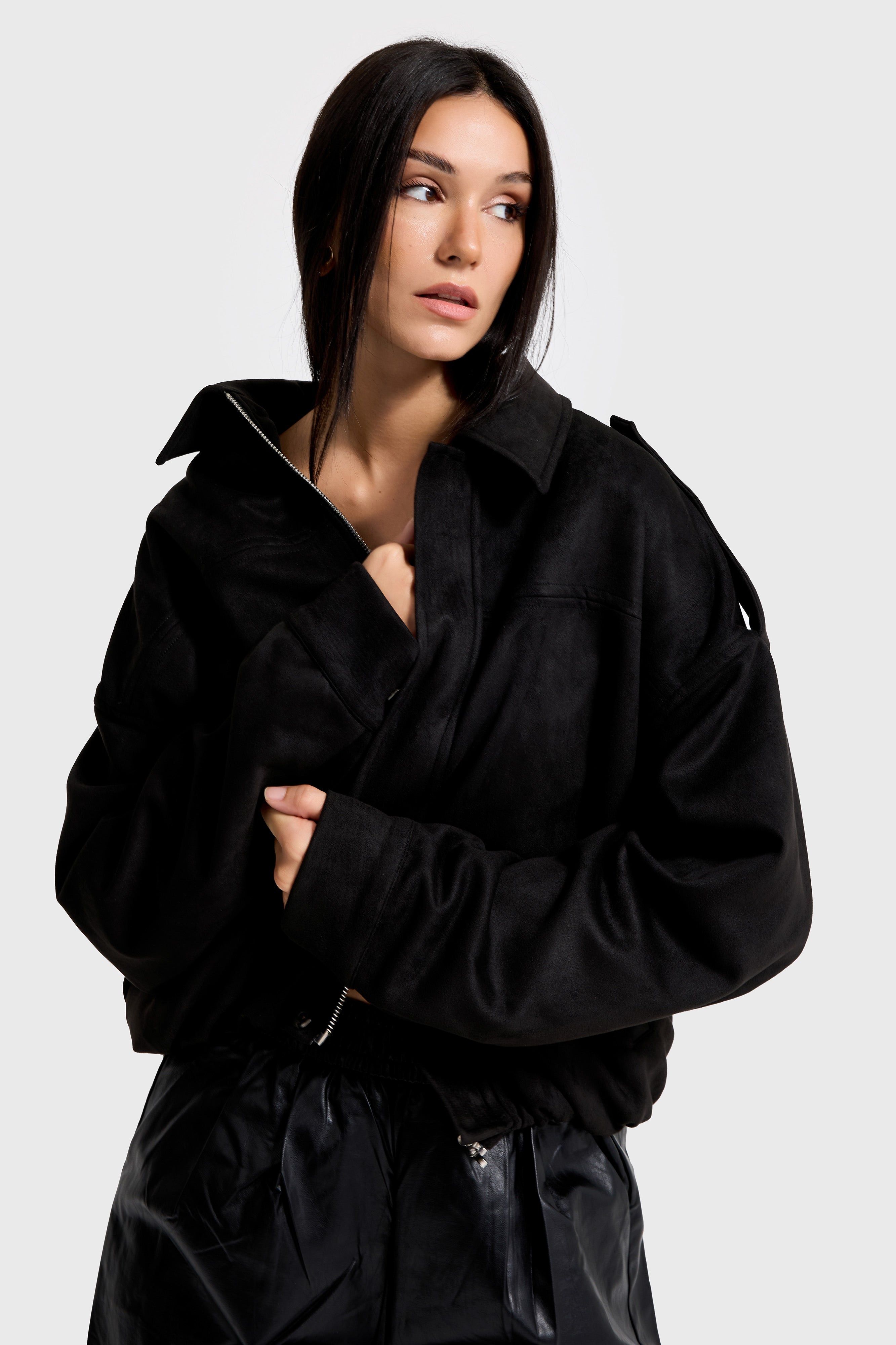 Kadın Siyah w5-1 Bomber Fit Bol Kesim Süet Kumaş Ceket