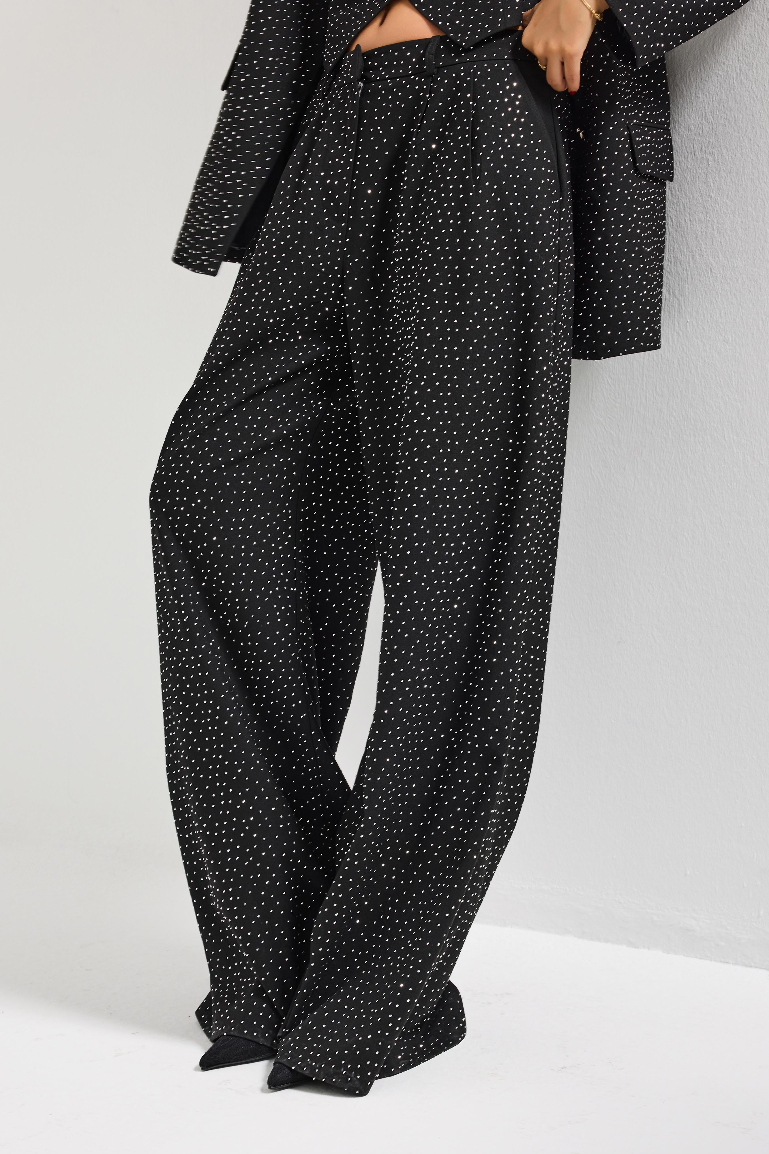 Kadın Siyah w5-1 Palazzo Fit Ful Parlak Taşlı Özel Tasarım Pantolon