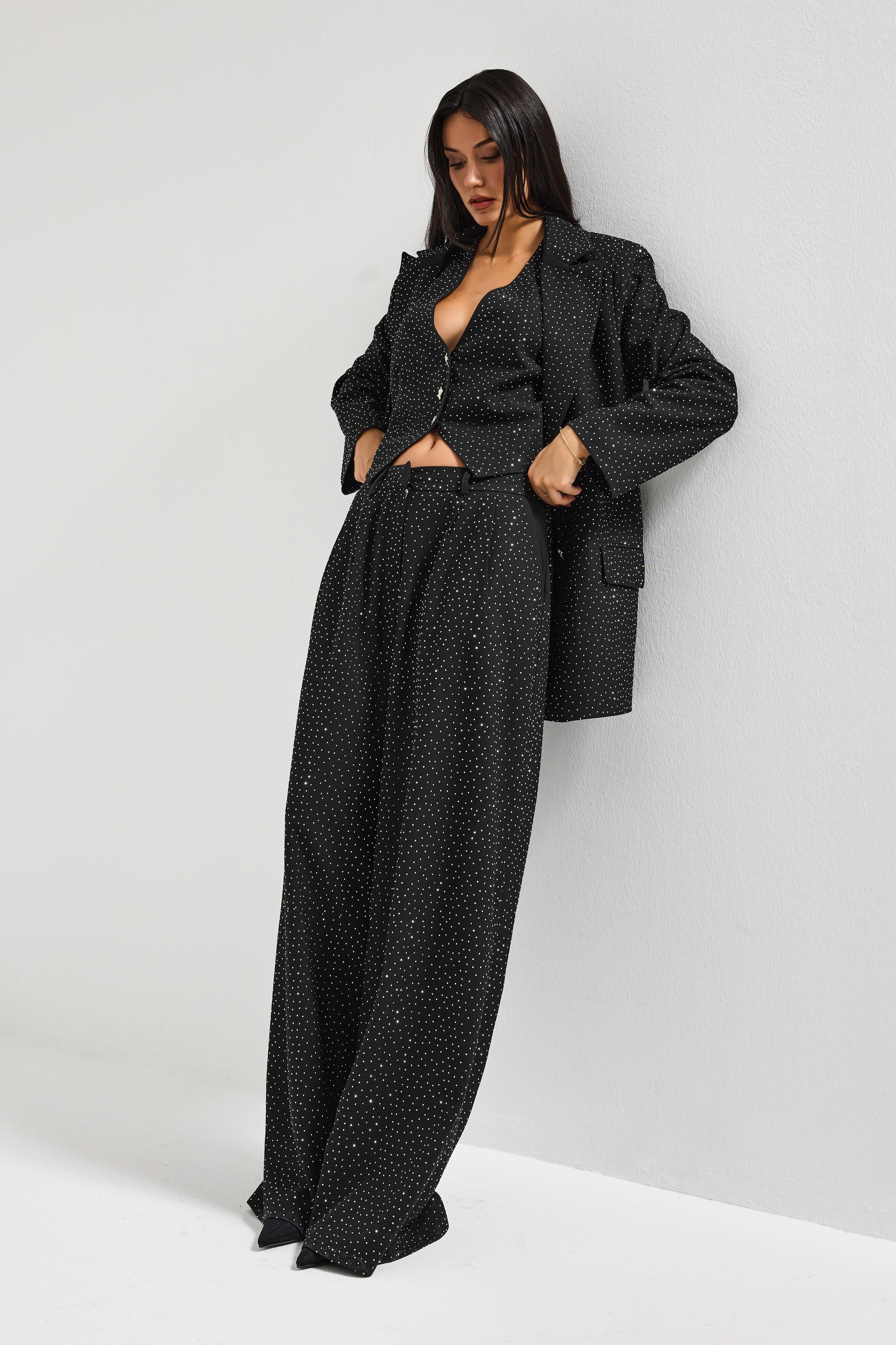 Kadın Siyah w5-1 Palazzo Fit Ful Parlak Taşlı Özel Tasarım Pantolon