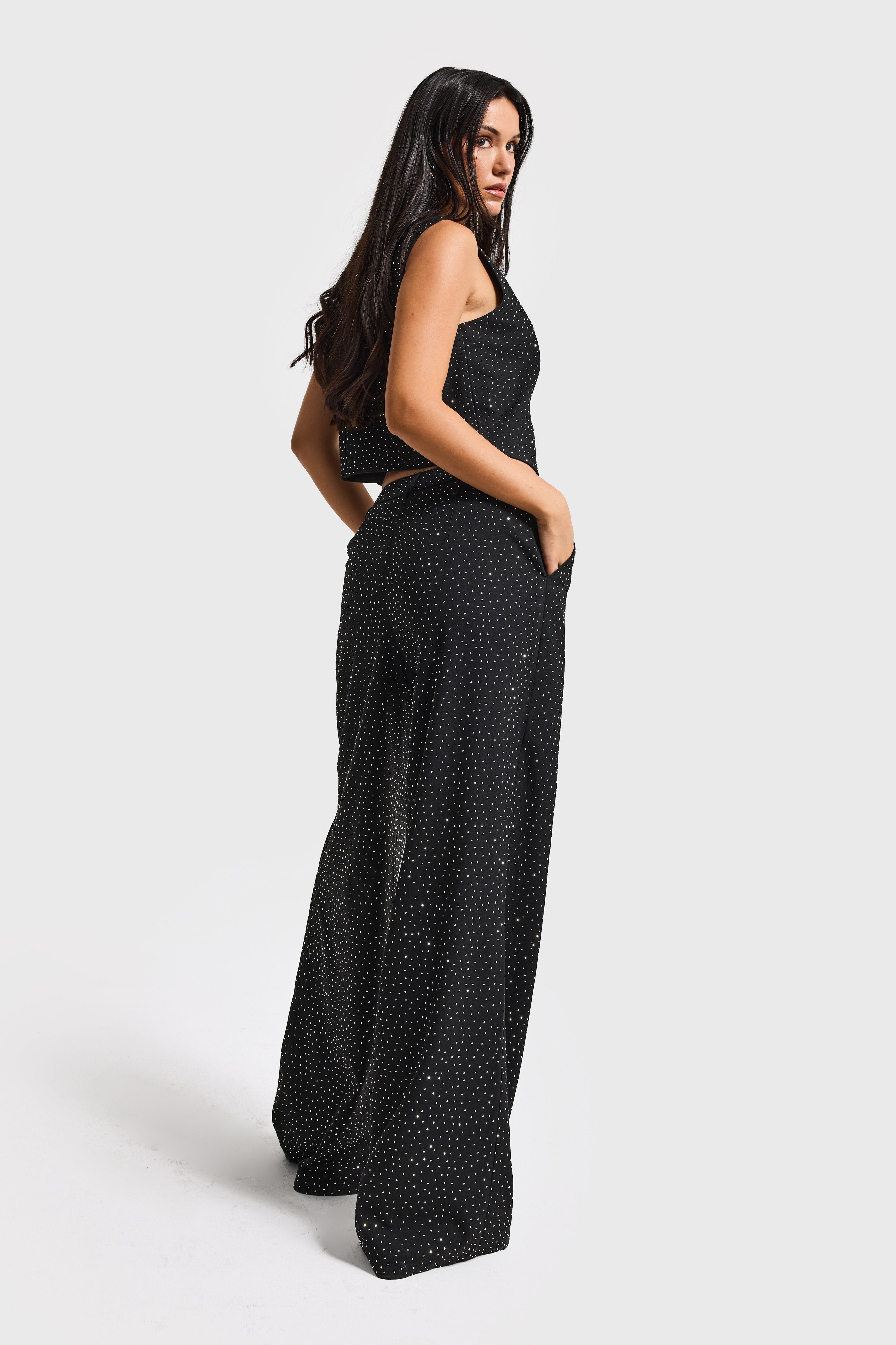 Kadın Siyah w5-1 Palazzo Fit Ful Parlak Taşlı Özel Tasarım Pantolon