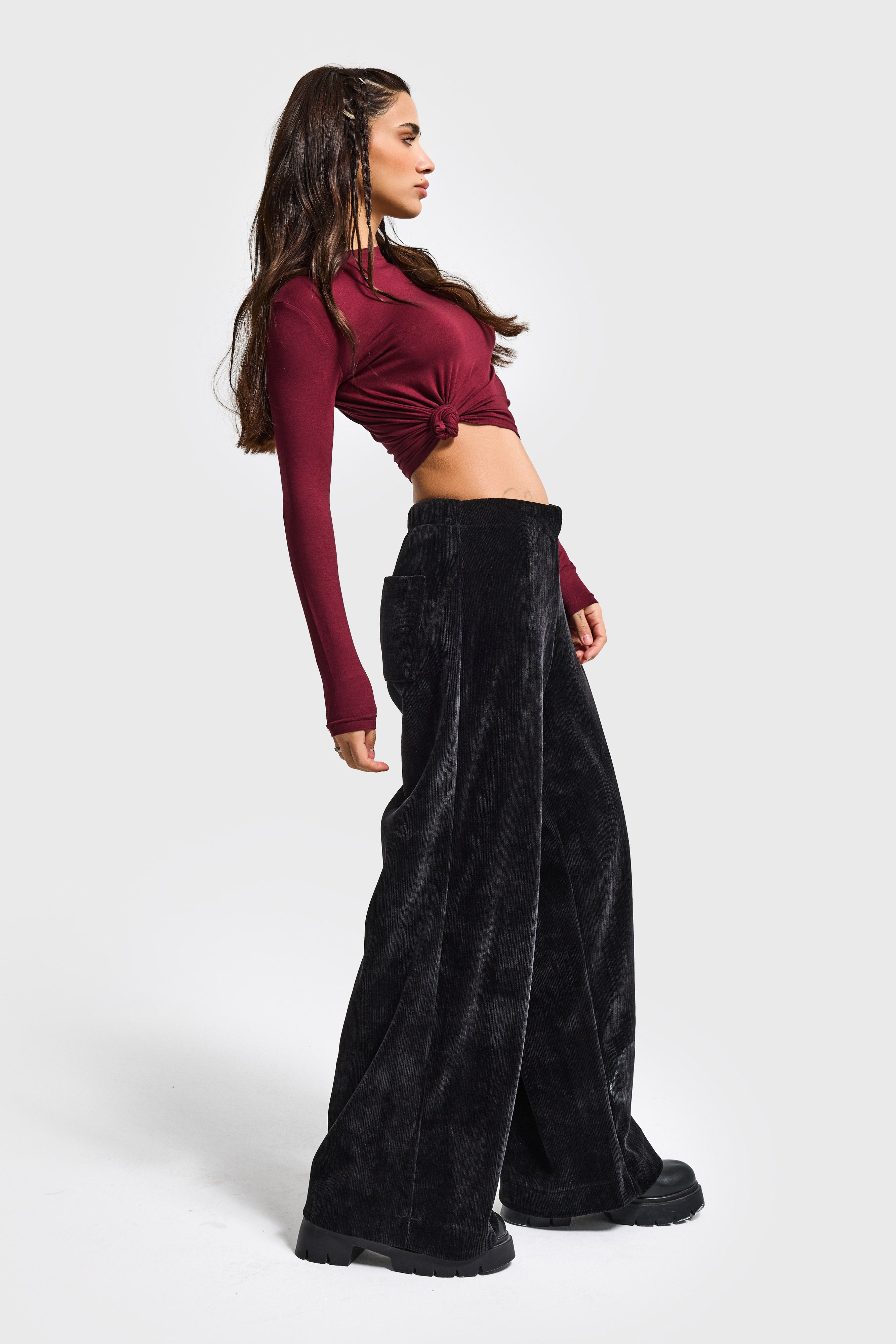 Kadın Siyah w5-1 Palazzo Fit Velvet Kadife Kumaş Pantolon