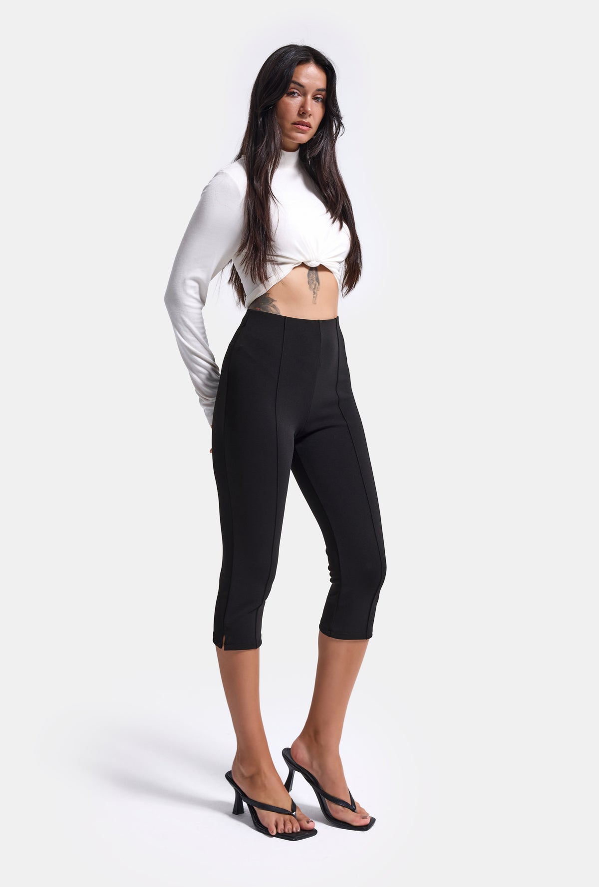 Kadın Siyah w6-1 Capri Leggings Esnek Kumaş Capri Pantolon