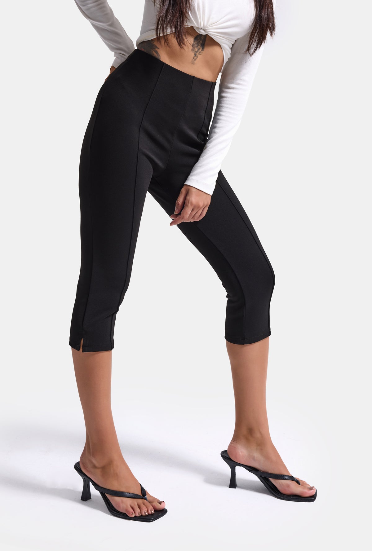 Kadın Siyah w6-1 Capri Leggings Esnek Kumaş Capri Pantolon