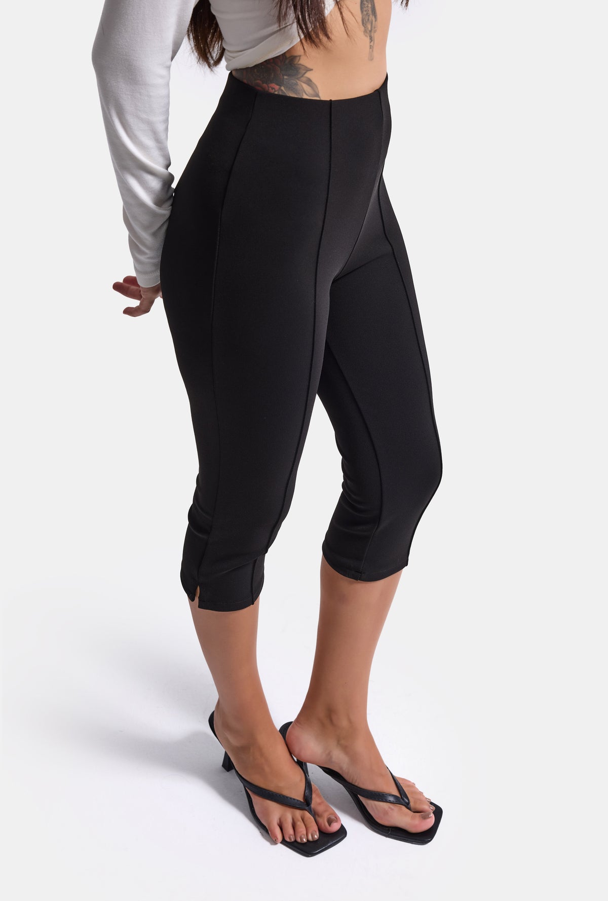 Kadın Siyah w6-1 Capri Leggings Esnek Kumaş Capri Pantolon