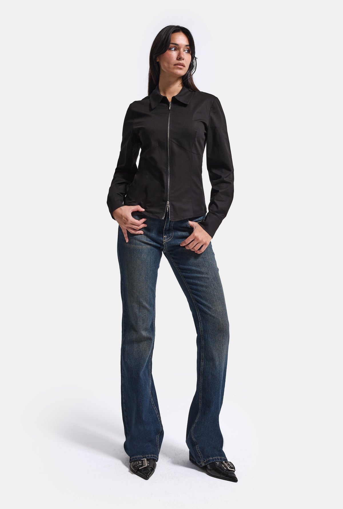 Kadın Siyah w6-1 Slim Fit Fermuar Detaylı Gömlek