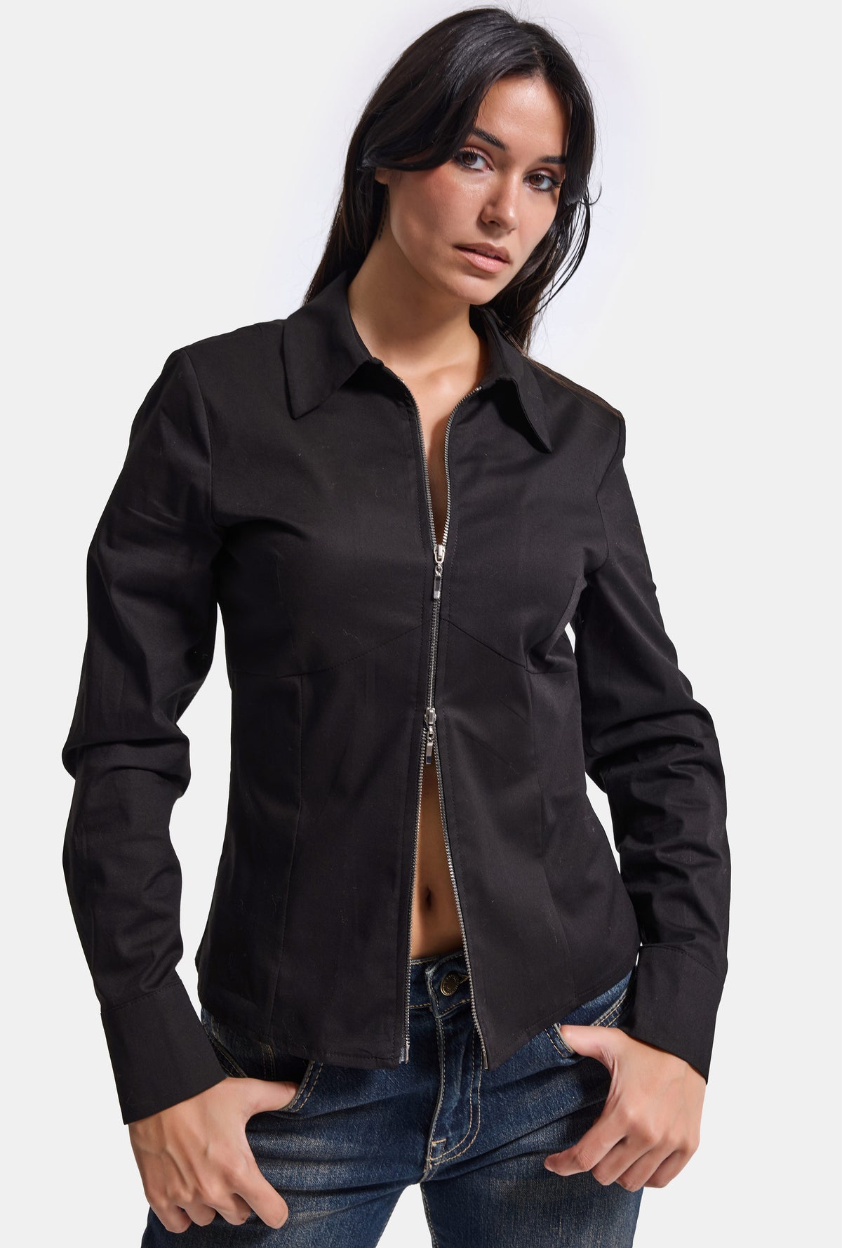 Kadın Siyah w6-1 Slim Fit Fermuar Detaylı Gömlek
