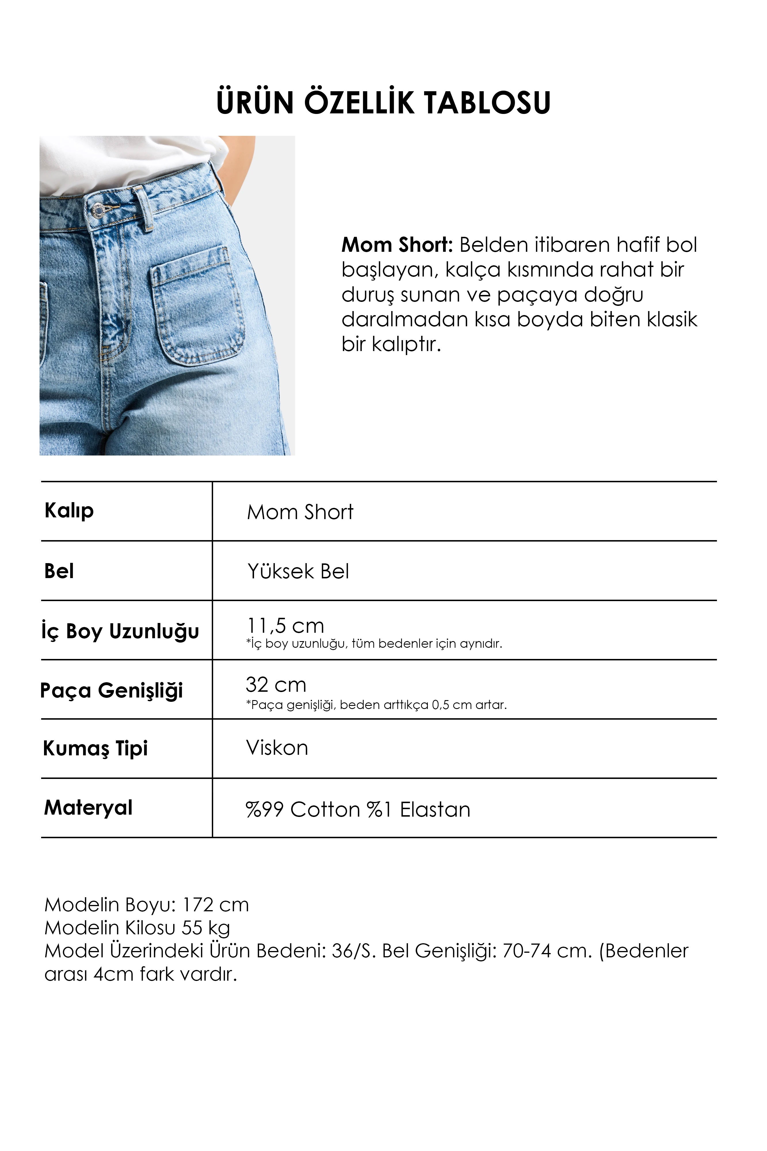 Kadın Snow Kot 4s6-32 Mom Fit Önden Cepli Denim Şort