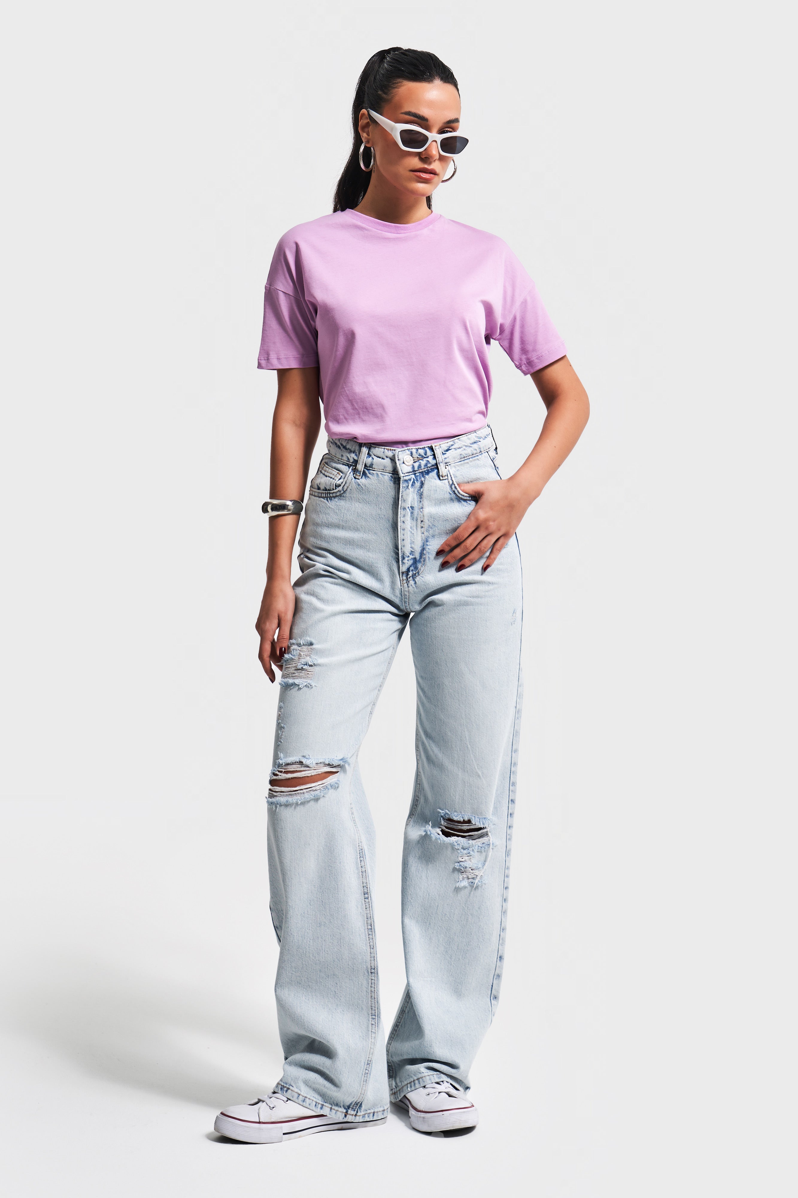 Kadın Snow Kot Rengi 12S5-100 %100 Koton Yırtık Detaylı Straight Fit Yüksek Bel Denim