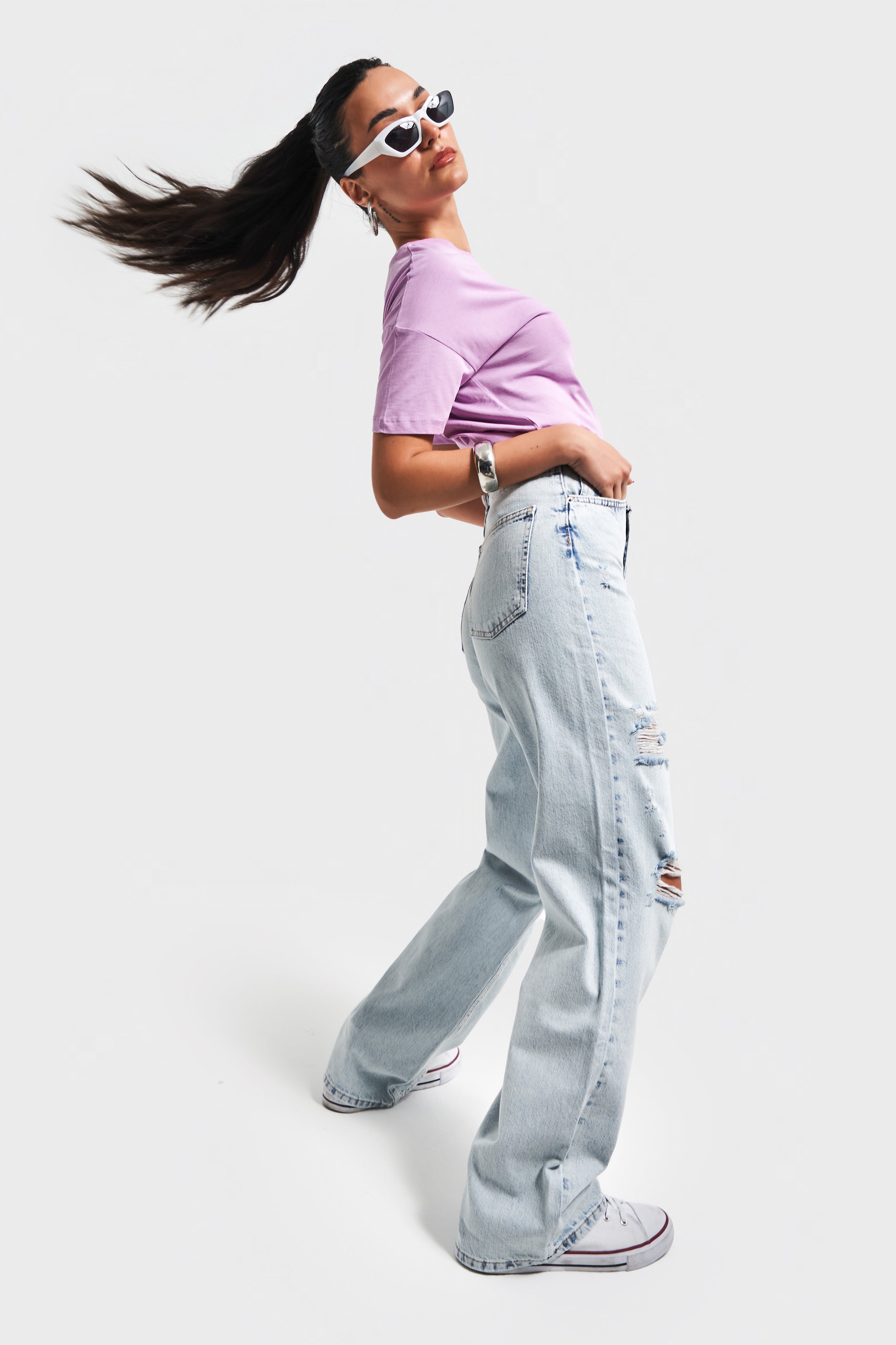 Kadın Snow Kot Rengi 12S5-100 %100 Koton Yırtık Detaylı Straight Fit Yüksek Bel Denim
