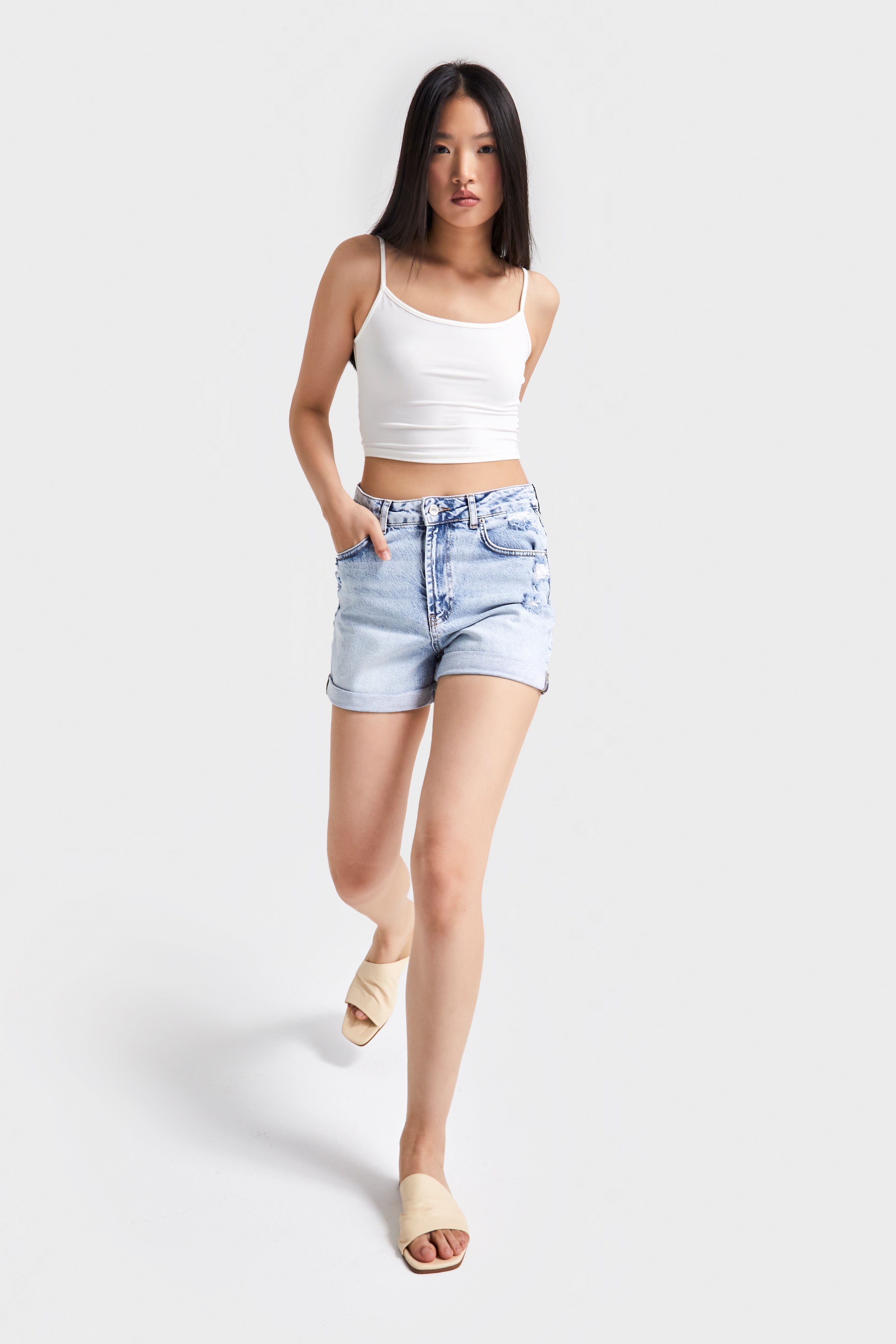 Kadın Snow Kot Rengi 12s5-3 Midi Boy Yırtık Detaylı Duble Paça %100 Koton Denim Şort