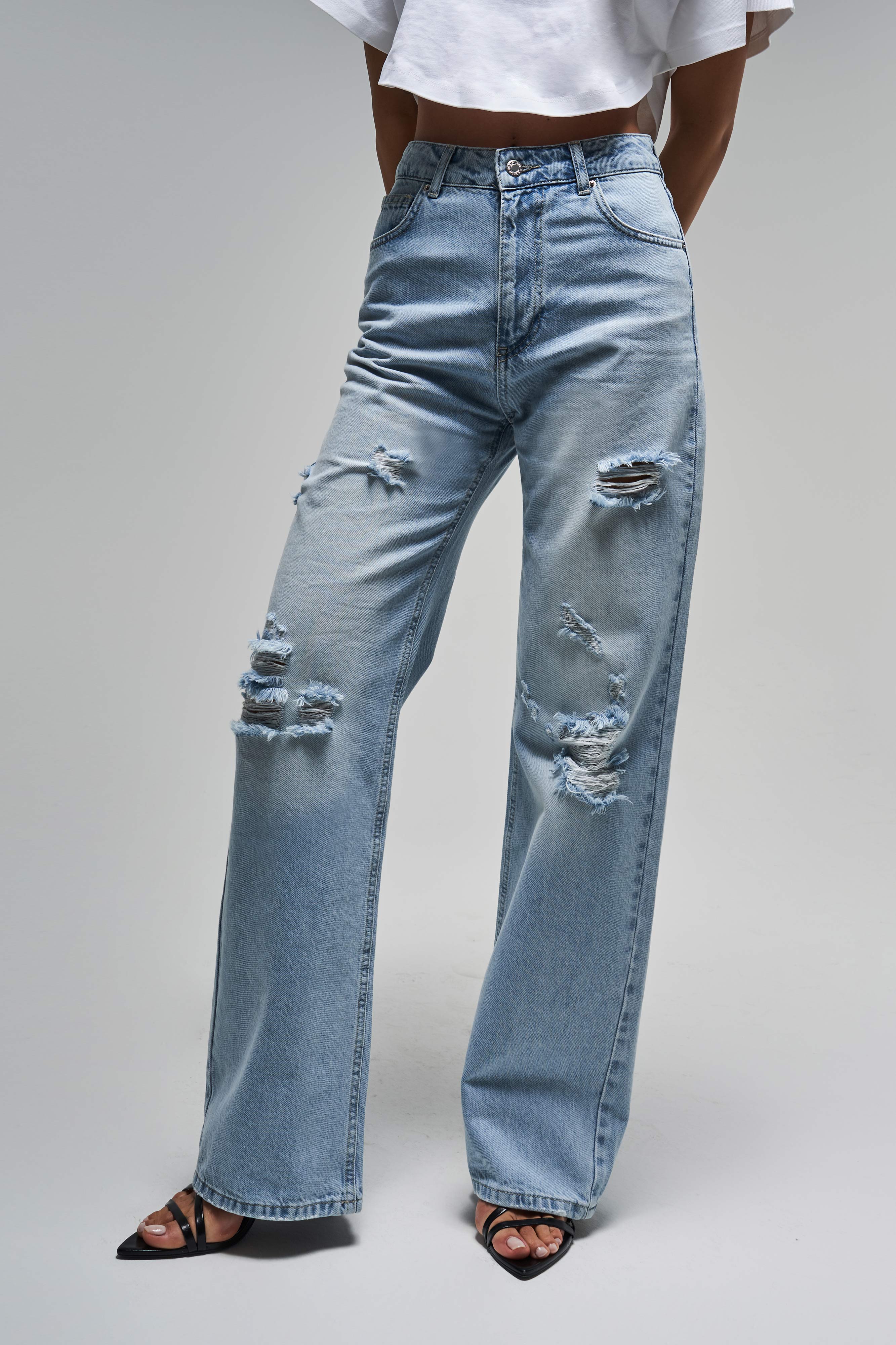 Kadın Snow Kot Rengi 12s5-3 Straight Fit Yüksek Bel İç Boy 80 Cm Yırtık Detaylı Denim Jean
